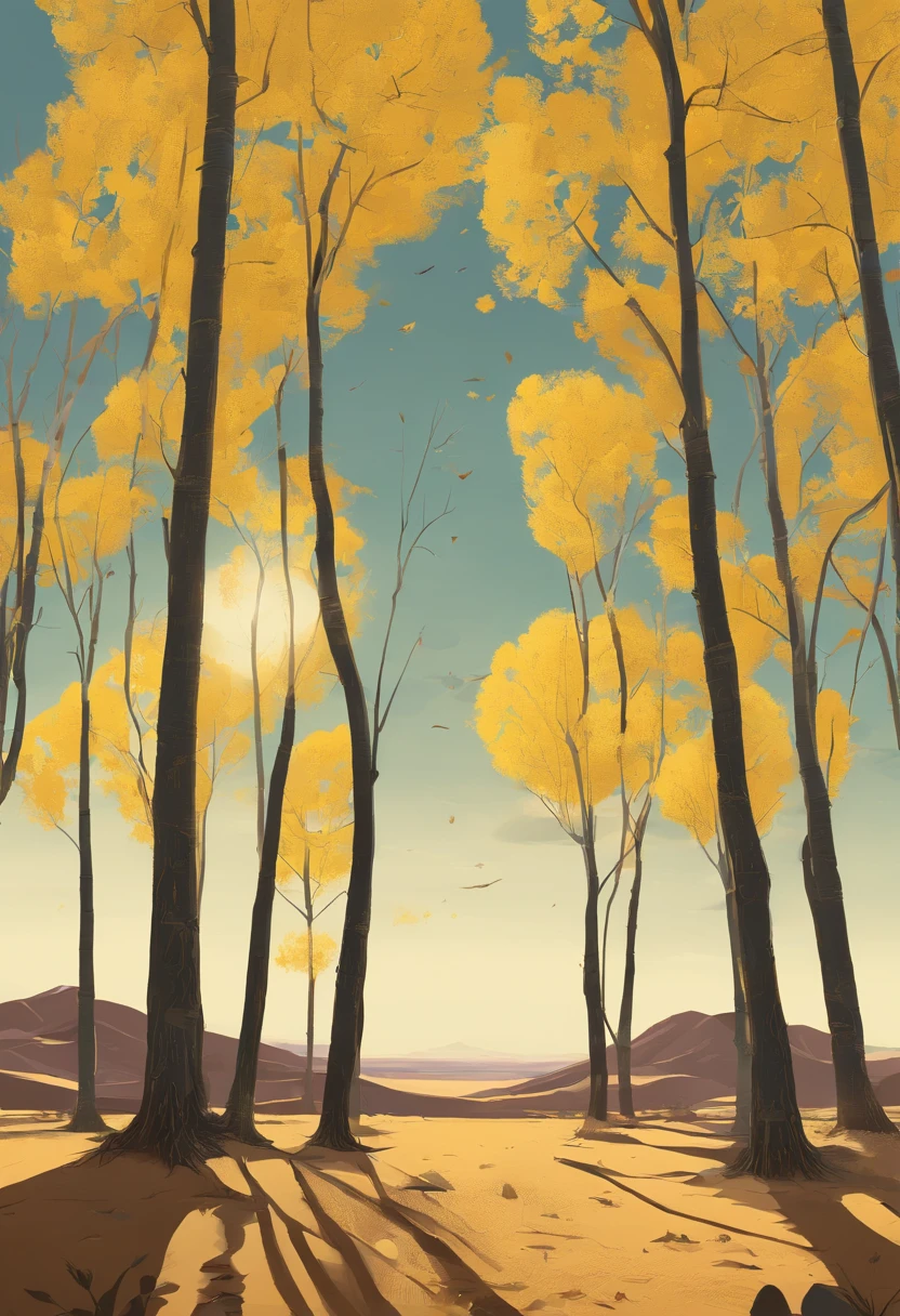 Magazine illustration,((In the middle of a large desert)),A yellow-yellow poplar forest,,A few tall ones(((Golden poplar tree:1.3))),Poplar tree,Fallen leaves on the ground,k hd,Sony SLR lens,Master masterpieces,Cinematic lighting lighting,Extreme detail
Warming up