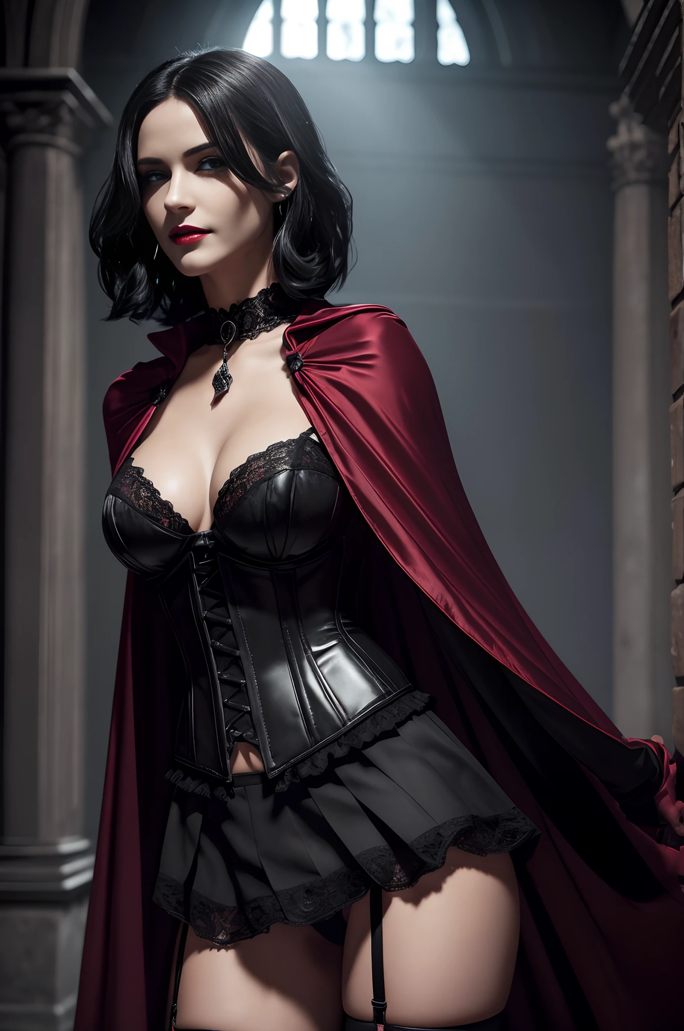 full body picture, 25 year old girl, vampire, black hair, short hair, disheveled hair, pale skin, blue eyes, dark red lips, medium breasts, mischievous smile, vampire fangs, black corset with intricate red details, flowing black cloak, very short black pleated skirt, visible black panties, lace panties, sheer panties, black stockings with straps, stockings have lacy stripe, black and red high heels, black choker, diamond pendant on plunging necklace, moonlight streaming, light rays, inside of an old church, candlelit, (best quality, 4k, 8k, highres, masterpiece:1.2), ultra-detailed, (realistic, photorealistic, photo-realistic:1.37), HDR, UHD, studio lighting, light source from behind, sharp focus, extreme detail description, professional, vivid colors, dark and mysterious atmosphere, modeling stance, seductive stance, confident stance, legs spread, hypnotic gaze