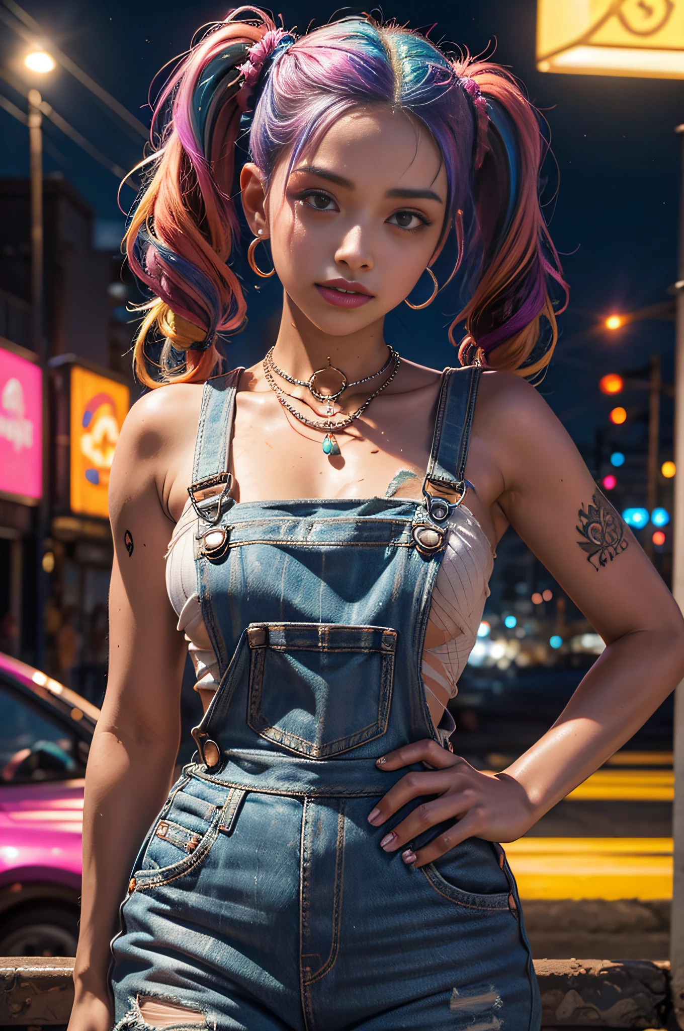 uma jovem morena de 18 anos sorrindo, (wearing torn and dirty overalls)( Colorful rainbow colored hair) curto cacheado, tatuagens no corpo e no rosto , olhos  grandes azuis, (Neon city background at night),Fleshy lips of the mouth with red lipstick, with the medallion on the neck,brinco, penetrante , seios grandes, sweaty skin with imperfections,Tatuada no rosto, ,(Pigtails de cabelo com gravatas)detalhes intricados ( 8k super realista) em uma cidade a noite com fundo neon cyberpunk