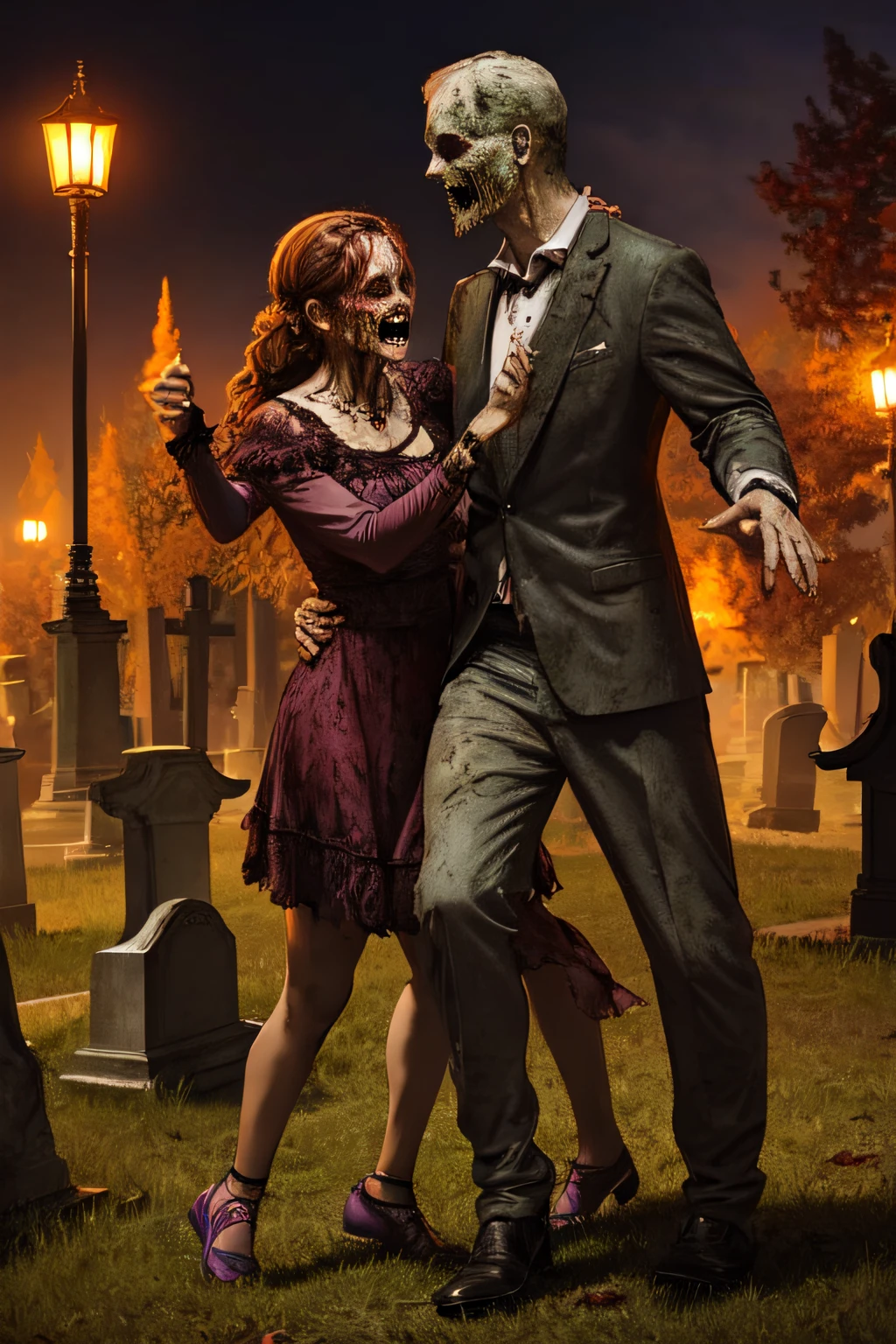 Zombies dancing to eerie music, Celebrate Halloween in an ancient cemetery.