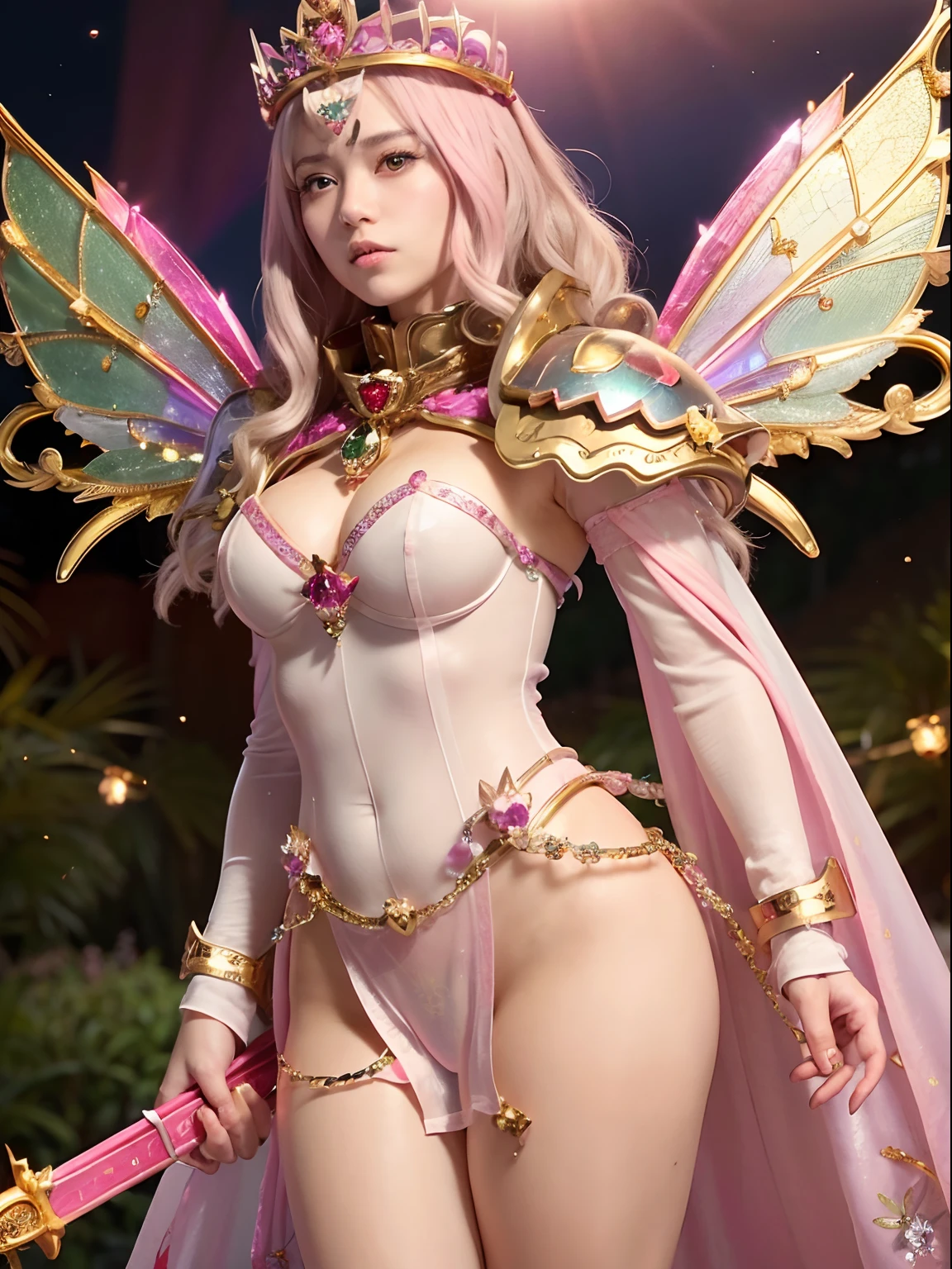 (masutepiece), Professional , ​masterpiece、top-quality、photos realistic , depth of fields （Gemstone Silver Metal Body:1.９),(Matte Pink、Jewel Gold Weapon、（Gorgeous castle background）、（ultimate beauty girl）、（Iridescent fairy wings grow on the back）、（Jewel Metal Body:1.９),Gorgeous Jewel Metal Weapons , Detailed Sword of the Brave ,（ a blond） ,warhammer 40k , adepta sororitas,Detail and ornate jewel crown、独奏、Brown hair、（Gangle's forest background）、Beautiful Caucasian beauty、１a person、dynamic ungle,(((Diamond tiara with detail and luxury)))、a small face、Powerful poses、（Gorgeous castle background）、huge filesize、20 year old beautiful woman、perfect butt, wearing sheer see through cape, Stand in the center of the screen、Thin female fingers、Straight long hair、Beautiful Caucasian beauty、Valley、Hair fluttering in the wind、