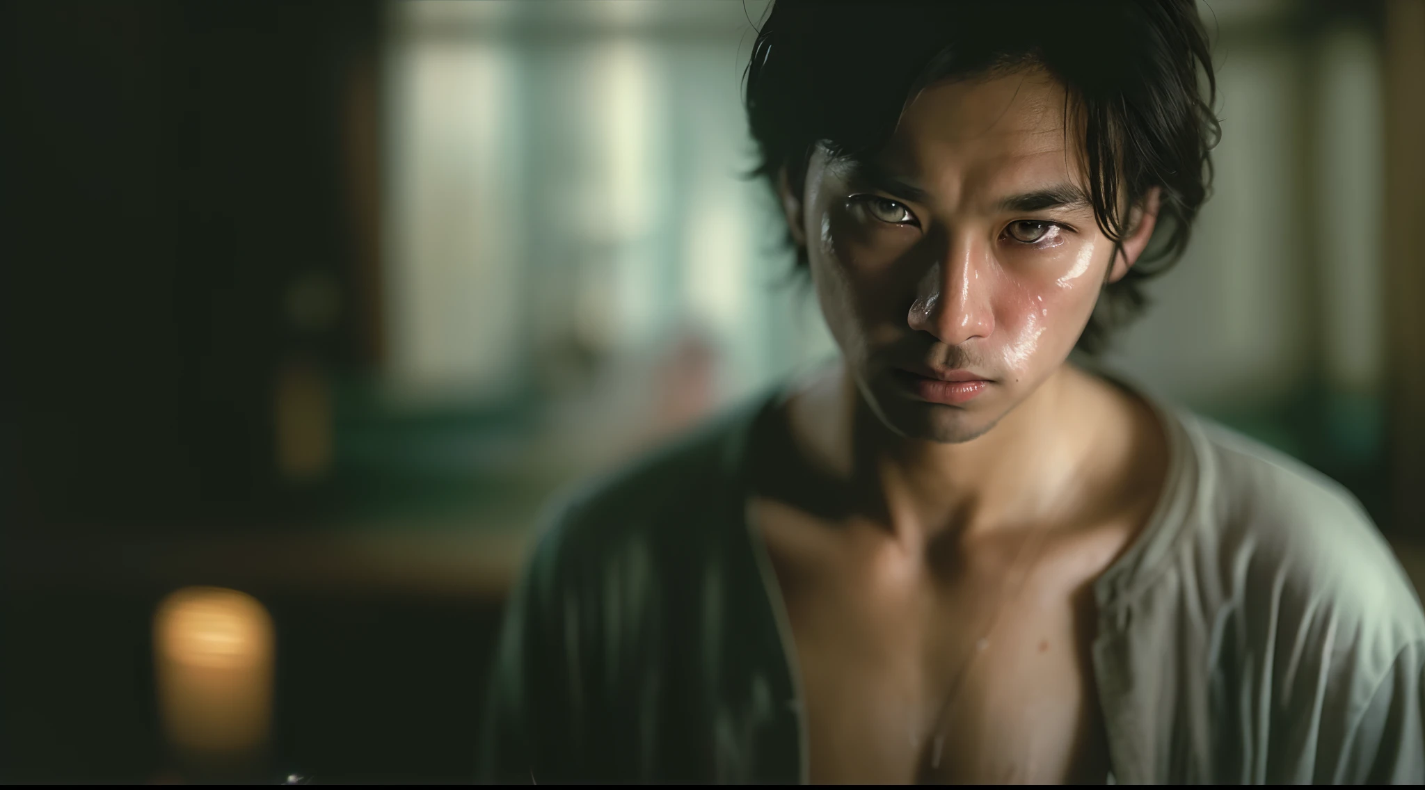 solo, stand in the kitchen, a malay man, milk falls on the chest area of the shirt, sad face, head tilt, eye close, very wet shirt with milk, torn shirt, (delicate illustration:1.4), (renaissance art:1.4), (masterpiece:1.0), (best quality:1.4), (ultra highres:1.2), (photorealistic:1.4), (8k, RAW photo:1.2), (soft focus:1.4), (20yo:1.3), (sharp focus:1.4), detailed handsome face, cinematic lighting, Super 8mm, Low angle shot, muted color grading, depth of field, film noir,