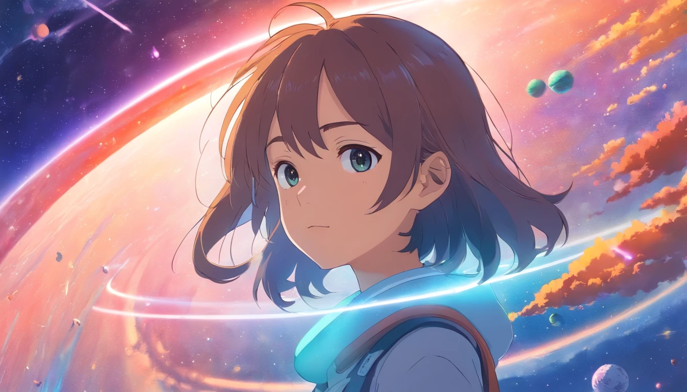 Anime Girl in space with text stop overthiking, dreamy psychedelic anime, esmagador, Elogio Artstyle, aesthetic award winning anime, Arte no estilo de Guweiz, arte em alta de anime, Transbordando, portrait anime space cadet girl, anime asthetic, anime inspiration, Arrogante, pixiv trending, anime aesthetic, ( ( Makoto Shinkai ) )