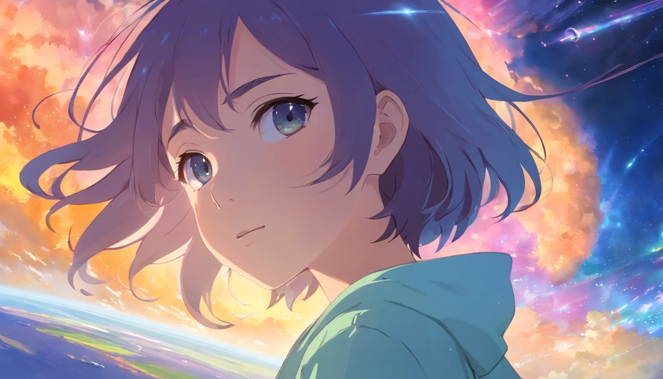 Anime Girl in space with text stop overthiking, dreamy psychedelic anime, esmagador, Elogio Artstyle, aesthetic award winning anime, Arte no estilo de Guweiz, arte em alta de anime, Transbordando, portrait anime space cadet girl, anime asthetic, anime inspiration, Arrogante, pixiv trending, anime aesthetic, ( ( Makoto Shinkai ) )