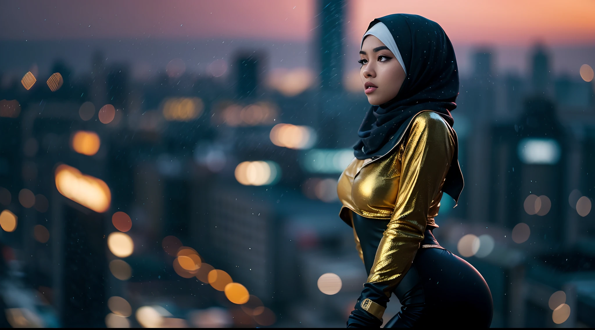 1 malay girl, solo,long big hijab, blue eyes, medium hijab, superhero, black and gold leotard, leggings, boots, hands on hip, top of building, very windy, city background, bokeh, nighttime, high quality, ultra detail, 8k, action pose, cinematic lighting, cinematic smoke, dramatic action, fighting pose, 35mm lense, Top Shot, Deep Focus cinematography effect, Natural Lighting, cool-toned color grading, high quality, ultra detail, 8k resolution,