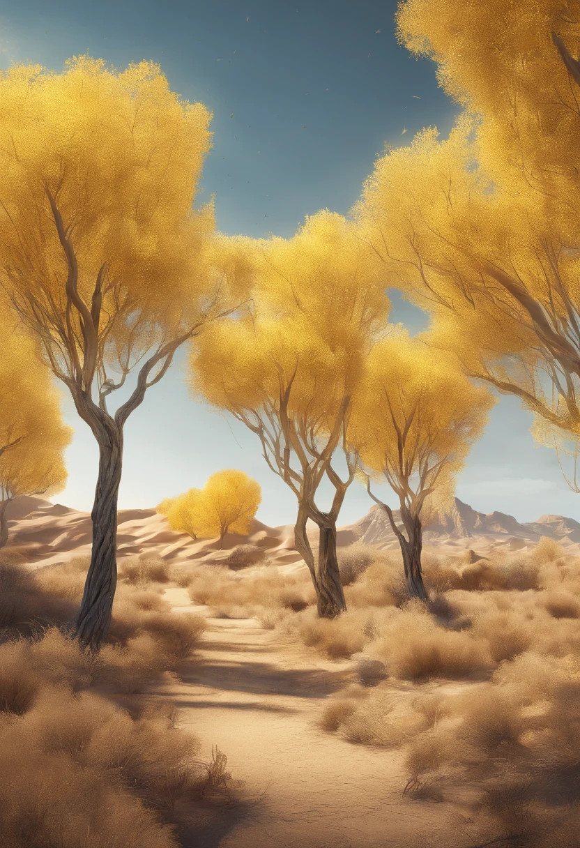Magazine illustration，((In the desert))，A yellow-yellow poplar forest，，A few small grasses，A few tall ones(((Golden poplar tree：1.3)))，Poplar tree，Fallen leaves on the ground，k hd，Sony SLR lens，Master masterpieces，Cinematic lighting lighting，Extreme detail
Warming up
