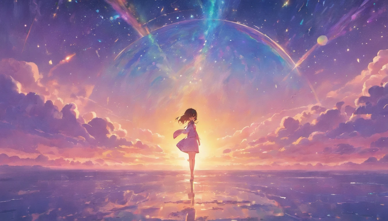 Anime Girl in space with text stop overthiking, dreamy psychedelic anime, esmagador, Elogio Artstyle, aesthetic award winning anime, Arte no estilo de Guweiz, arte em alta de anime, Transbordando, portrait anime space cadet girl, anime asthetic, anime inspiration, Arrogante, pixiv trending, anime aesthetic, ( ( Makoto Shinkai ) )