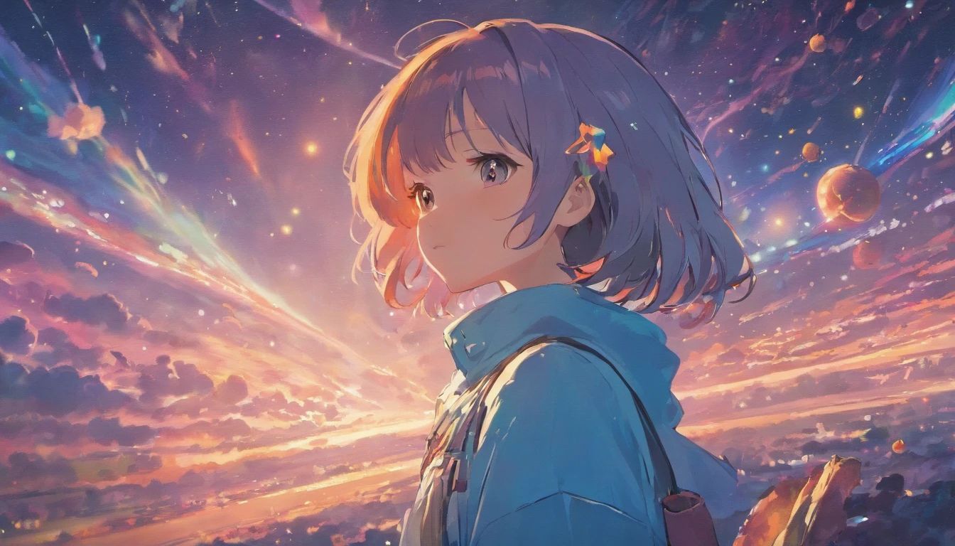 Anime Girl in space with text stop overthiking, dreamy psychedelic anime, esmagador, Elogio Artstyle, aesthetic award winning anime, Arte no estilo de Guweiz, arte em alta de anime, Transbordando, portrait anime space cadet girl, anime asthetic, anime inspiration, Arrogante, pixiv trending, anime aesthetic, ( ( Makoto Shinkai ) )