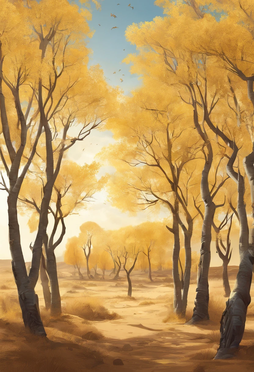 Magazine illustration，((In the desert))，A yellow-yellow poplar forest，A few small birds，A few tall ones(((Golden poplar tree：1.3)))，Poplar tree，Fallen leaves on the ground，k hd，Sony SLR lens，Master masterpieces，Cinematic lighting lighting，Extreme detail
Warming up