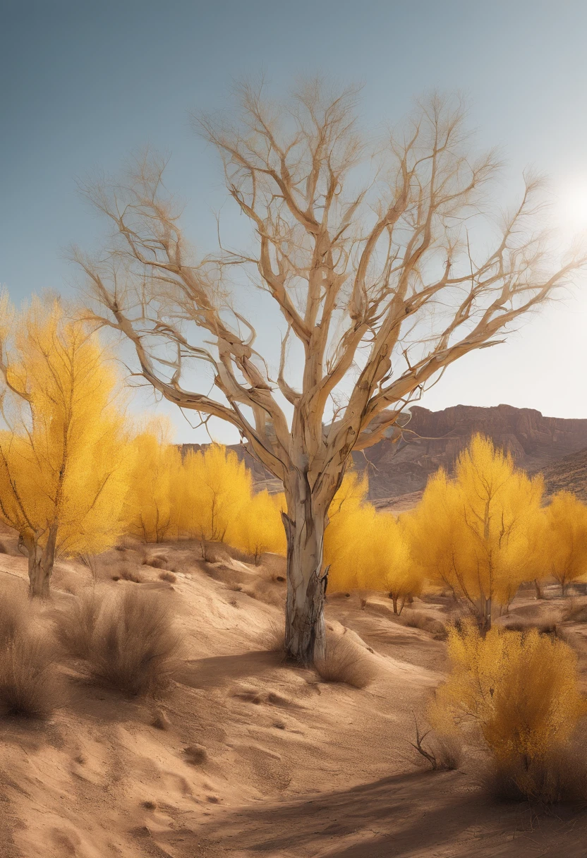 Magazine illustration，((In the desert))，A yellow-yellow poplar forest，A few small birds，A few tall ones(((Golden poplar tree：1.3)))，Poplar tree，Fallen leaves on the ground，k hd，Sony SLR lens，Master masterpieces，Cinematic lighting lighting，Extreme detail
Warming up