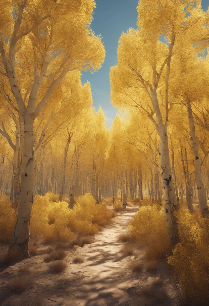 Magazine illustration，((In the desert))，A yellow-yellow poplar forest，A few small birds，A few tall ones(((Golden poplar tree：1.3)))，Poplar tree，Fallen leaves on the ground，k hd，Sony SLR lens，Master masterpieces，Cinematic lighting lighting，Extreme detail
Warming up