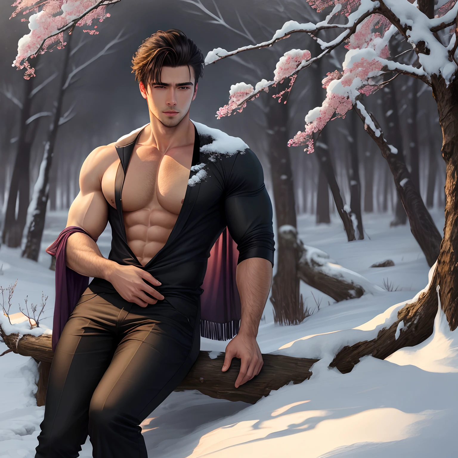 Texture details，Clear face，clear presentation，cabelos preto e longos，Handsome，With a sad face，Pale，Slightly muscular，Thin waist，The clothes are quiet，legs long，full bodyesbian，Sit under a plum tree，Accompanied by red-crowned cranes，Ambient snow scene