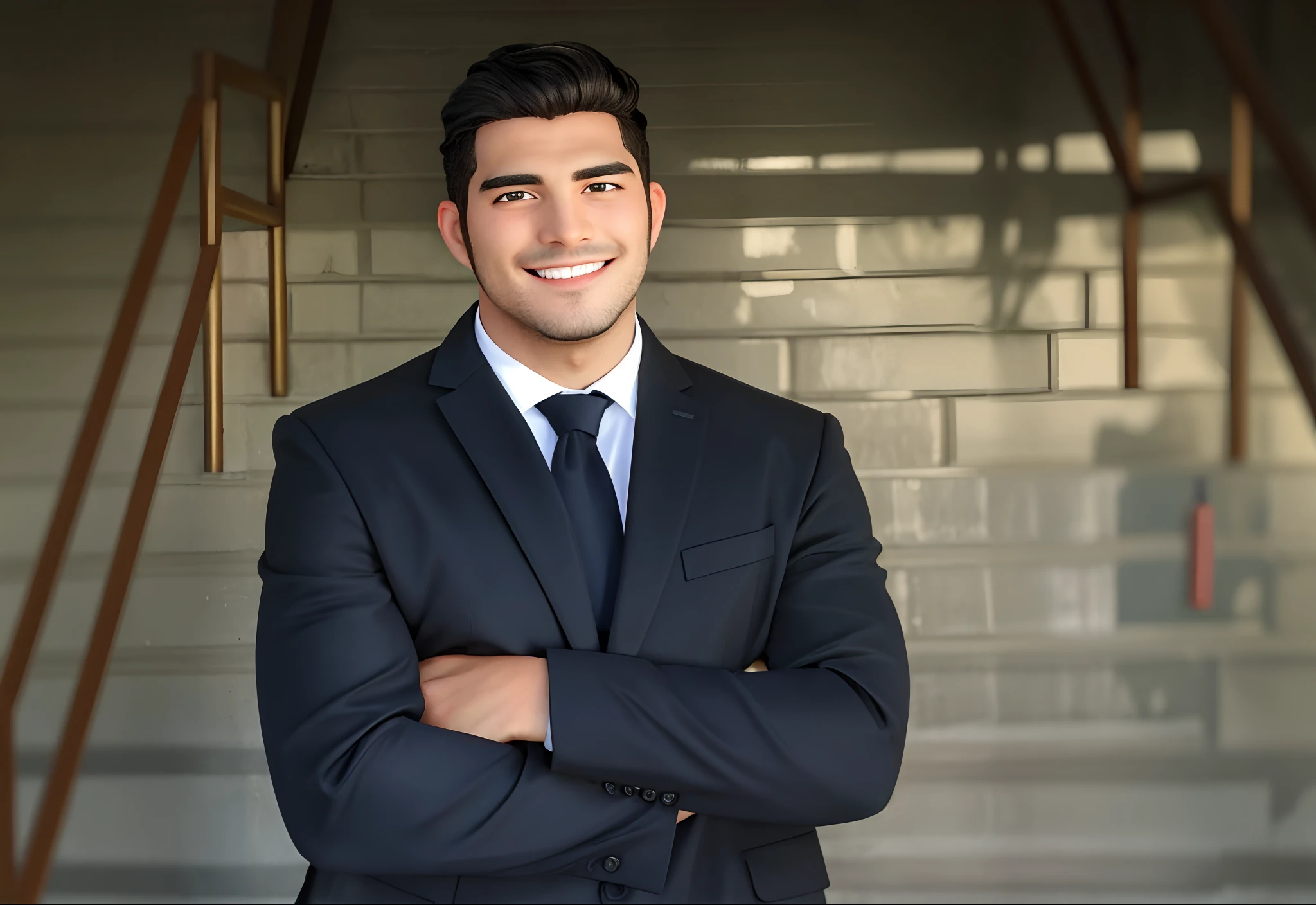 Homem, terno e gravata, cabelo preto e sorriso, e barba cheia.