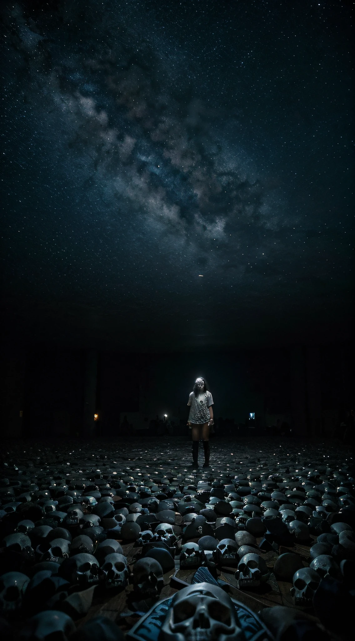 Floor full of skulls, tons azulados, durante a noite, Starry Sky, com lua cheia