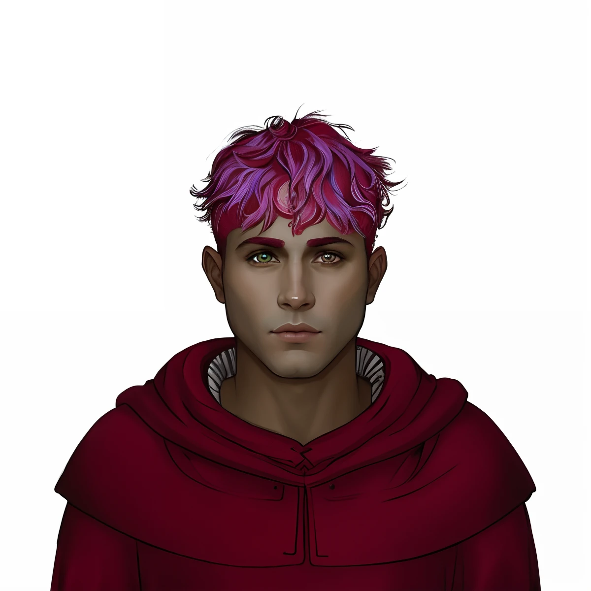 um close up de uma homem com um moleton vermelho e um cabelo colorido, fantasy rpg symmetrical portrait, Retrato do personagem Baldur's Gate, retrato detalhado do caractere, retrato de rpg, retrato do livro do RPG, d & d retrato do caractere, Retrato de um personagem DND, Retrato de Caractere DND, dnd retrato, dnd retrato da arte do caractere, symmetrical portrait rpg avatar