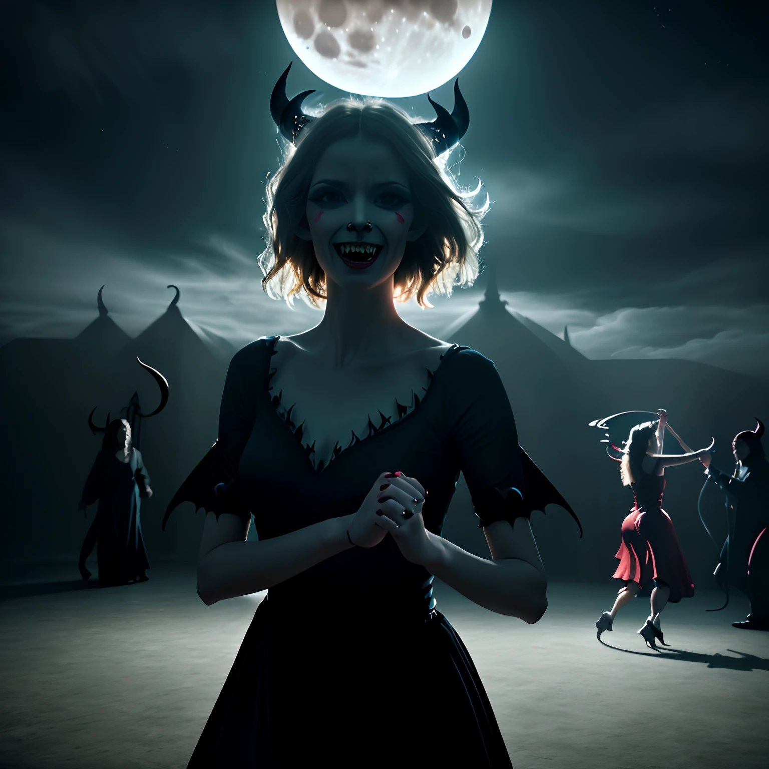 (best quality,4k,8k,highres,masterpiece:1.2),ultra-detailed,(realistic,photorealistic,photo-realistic:1.37),scared woman ,(dancing devil:1.7), ((dancing with the devil:1.8)),pale moonlight,cloudy night sky,hauntingly beautiful,long flowing black dress,graceful dance movements,ominous atmosphere,dark shadows,expression of fear and despair,moonlit garden,subtle moonbeams,feeling of unease,smiling devil next to a woman,intense emotions,mysterious narrative,atmospheric lighting,otherworldly beauty
