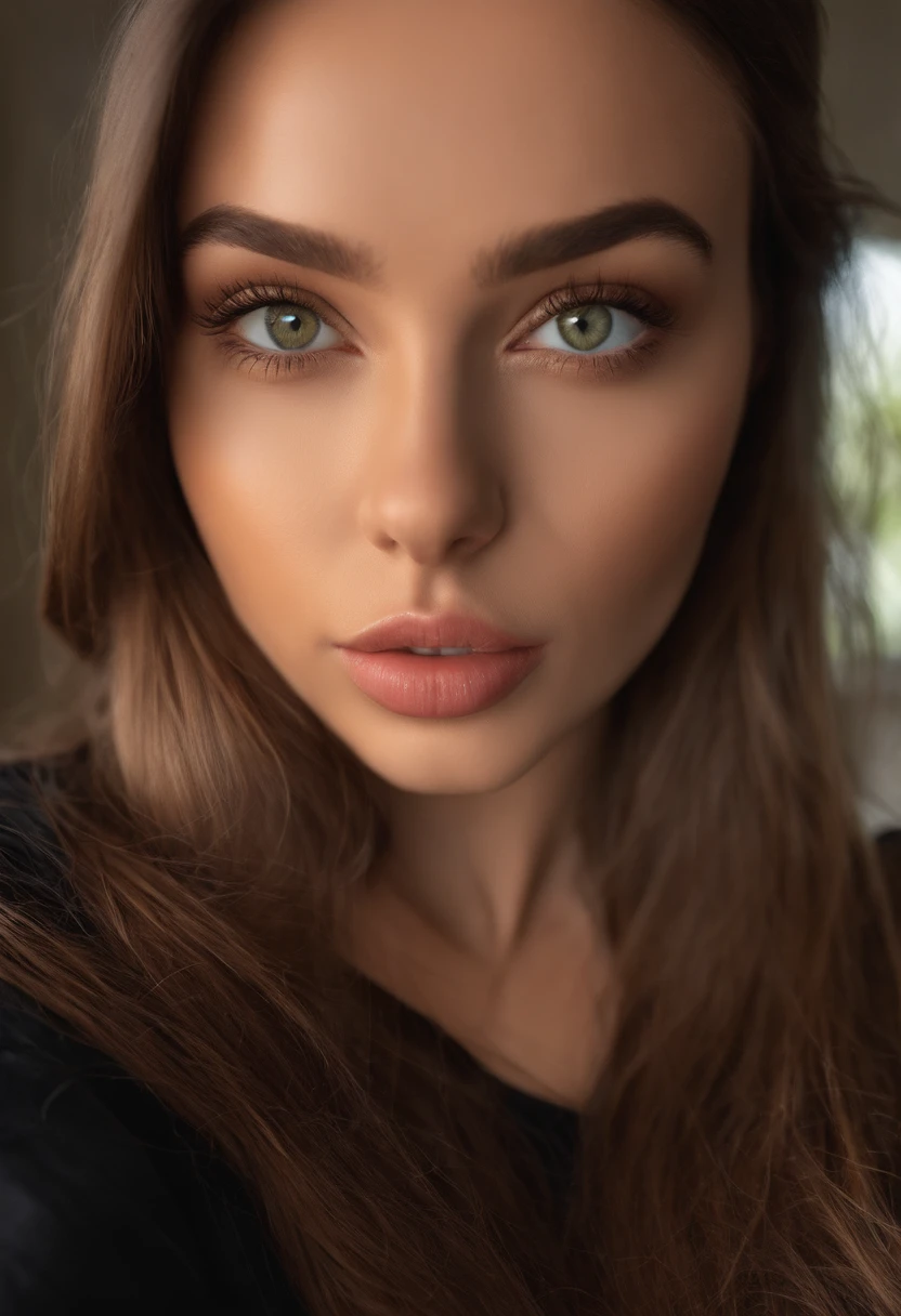 small model face, sexy girl with brown eyes, portrait sophie mudd, brown hair and large eyes, gigantic breasts, selfie of a young woman, bedroom eyes, black shirt, covering breast, natural makeup, looking directly at the camera, face with art gram, subtle makeup, stunning full-face shot, in nature, cleavage, ultra realistic, mouth closed, light green eyes
