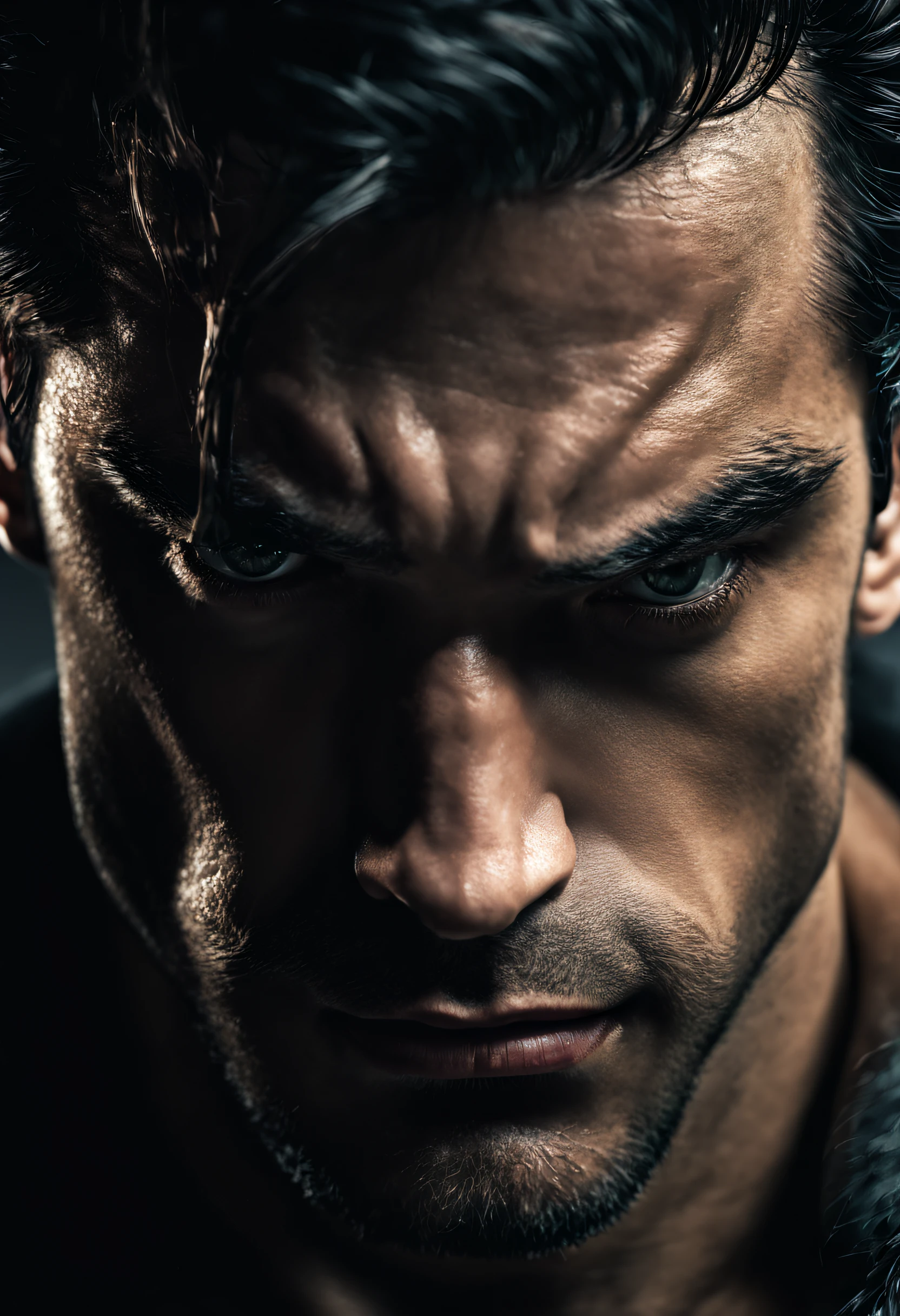 Photo RAW portrait handsome  super man, piercing gaze,  high quality textures, high quality shadows, high detail, beautiful detail, fine detail, extremely detailed computer graphics, detailed textures, realistic faces, atmosphere of fear and unease, sensual moment from the point of view of someone in a close embrace with a muscular man