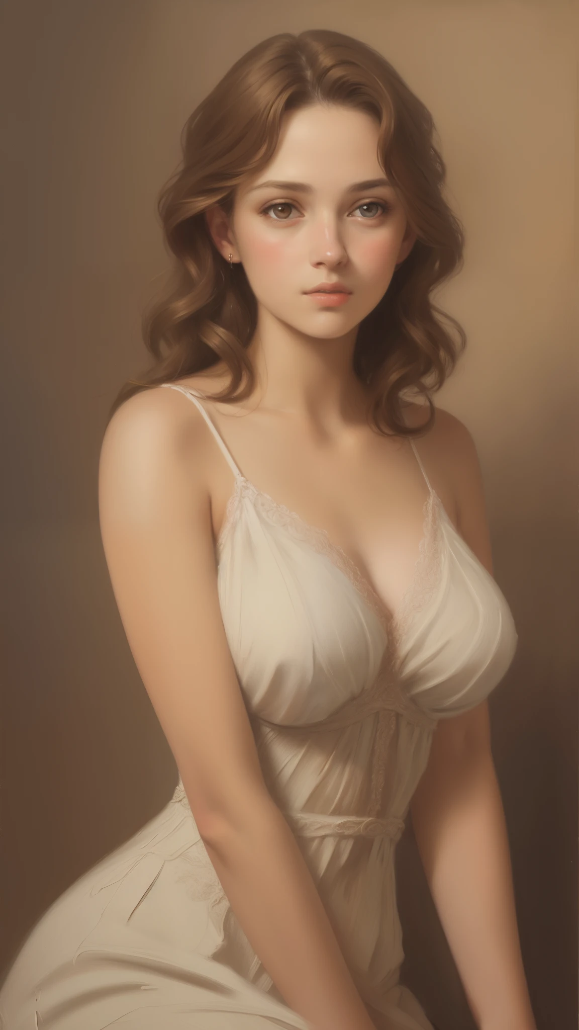 1girl, beautiful teenage girl, very small breasts, short wavy brown hair, portrait, oil painting, modern, realistic proportions, intricate, intricate details, sharp focus