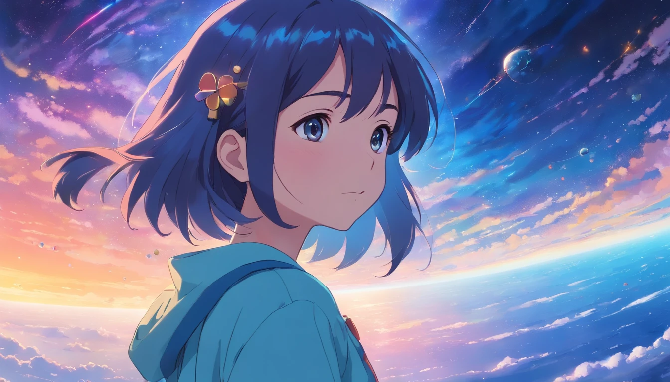 Anime Girl in space with text stop overthiking, dreamy psychedelic anime, esmagador, Elogio Artstyle, aesthetic award winning anime, Arte no estilo de Guweiz, arte em alta de anime, Transbordando, portrait anime space cadet girl, anime asthetic, anime inspiration, Arrogante, pixiv trending, anime aesthetic, ( ( Makoto Shinkai ) )