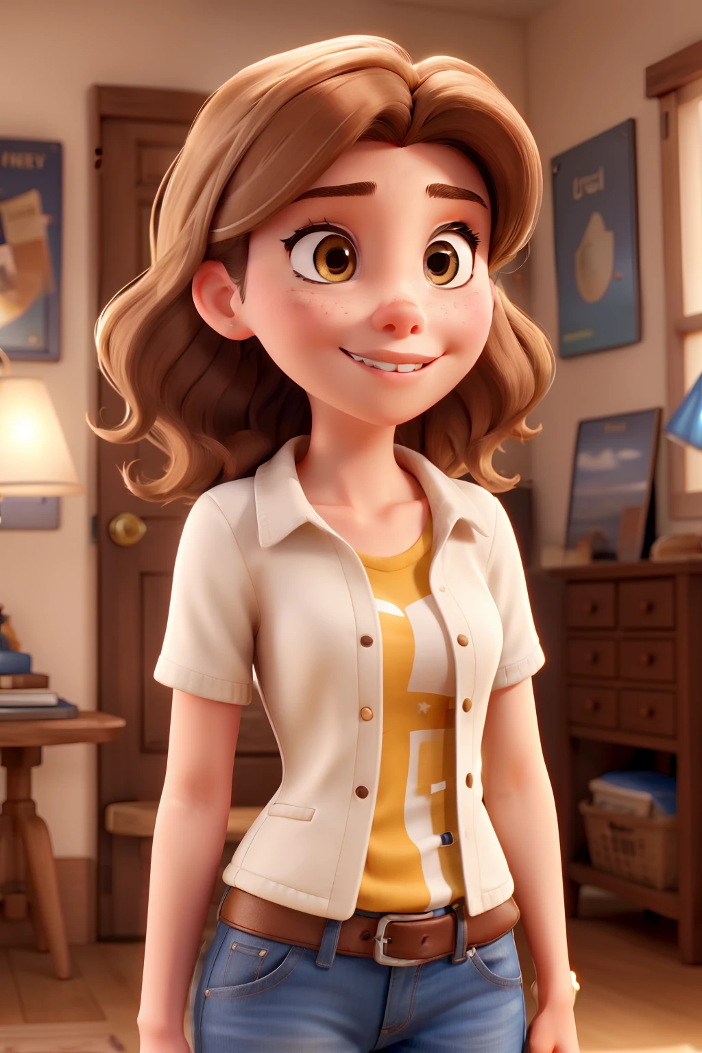 A young adult in the "Disney Pixar" style. brown hair with blonde highlights, white, with brown eyes and getting eyelash extensions