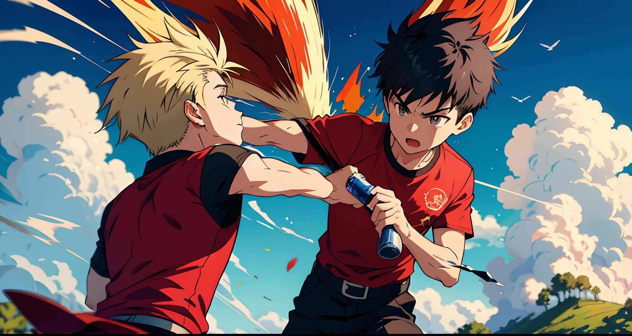 The image features a cartoon character with a spiky hairstyle, resembling a young boy. The character is wearing a wine shirt and appears to be in the middle of an intense moment, possibly fighting or performing a powerful move. The character's hair is blowing in the wind, adding to the dynamic nature of the scene. The image captures the character's energy and action, making it an engaging and exciting visual.