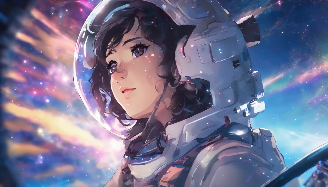 Anime Girl in space with text stop overthiking, dreamy psychedelic anime, esmagador, Elogio Artstyle, aesthetic award winning anime, Arte no estilo de Guweiz, arte em alta de anime, Transbordando, portrait anime space cadet girl, anime asthetic, anime inspiration, Arrogante, pixiv trending, anime aesthetic, ( ( Makoto Shinkai ) )
