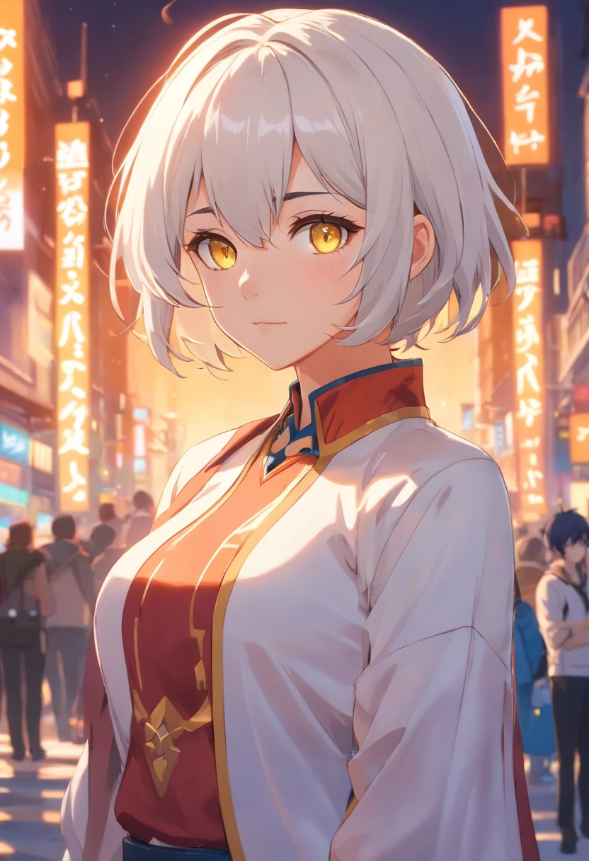 ultra-detalhado, (melhor qualidade), (belos olhos detalhados), ((cabelo detalhado)), luz no rosto, tamanho de arquivo enorme, cinematic lighthing, 1 , delineador, mage, ((short hair)), ((White hair)), ((Yellow eyes)), ((evil eyes)), ((mid chest)), ((outfit inspired by Lisa from Genshin Impact)), olhando para o espectador, Profundidade de campo, yoru \(homem da motosserra\), (((shy face, envergonhado))), dentes perfeitos,