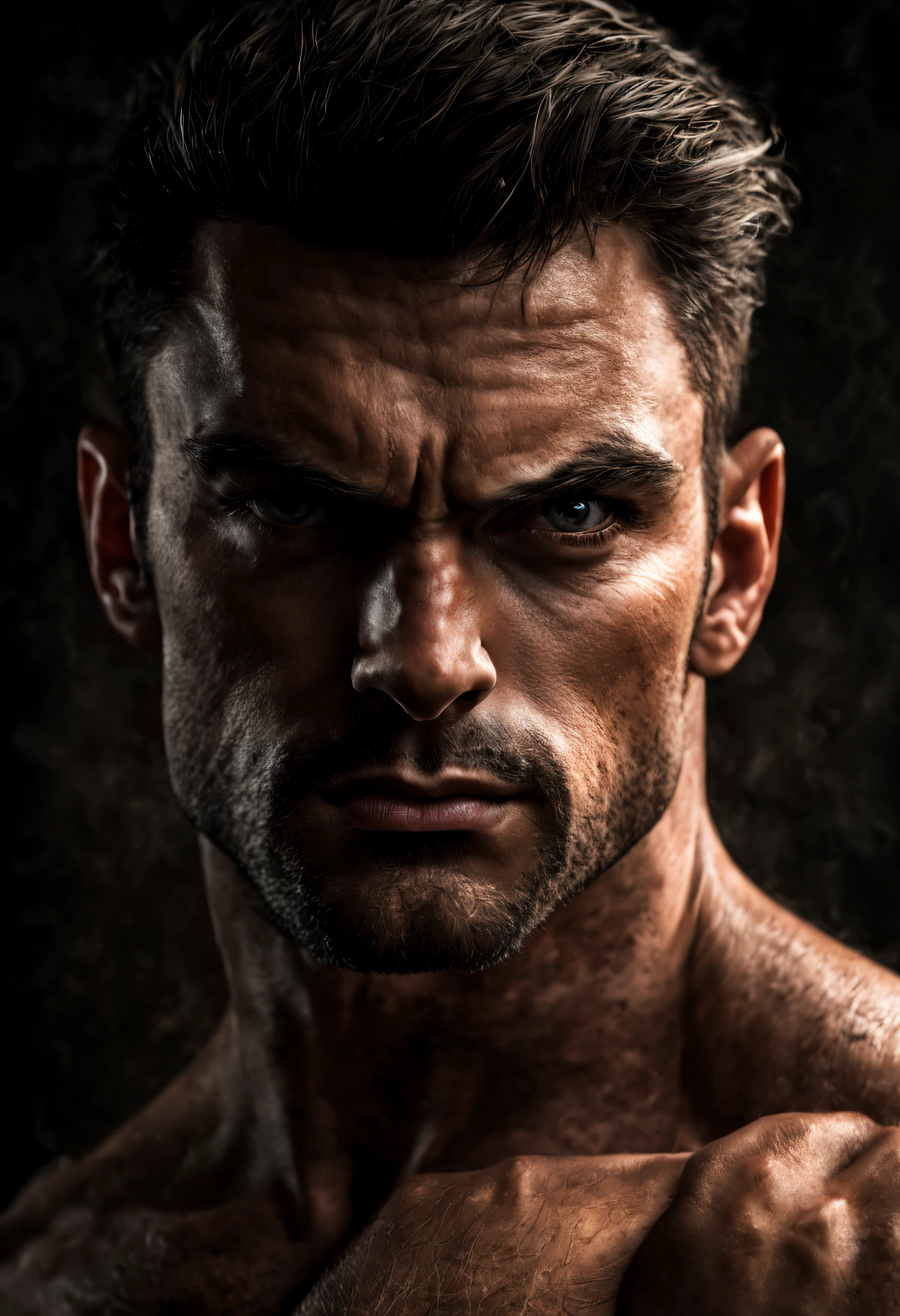 Photo RAW portrait handsome  super man, piercing gaze,  high quality textures, high quality shadows, high detail, beautiful detail, fine detail, extremely detailed computer graphics, detailed textures, realistic faces, atmosphere of fear and unease, sensual moment from the point of view of someone in a close embrace with a muscular man