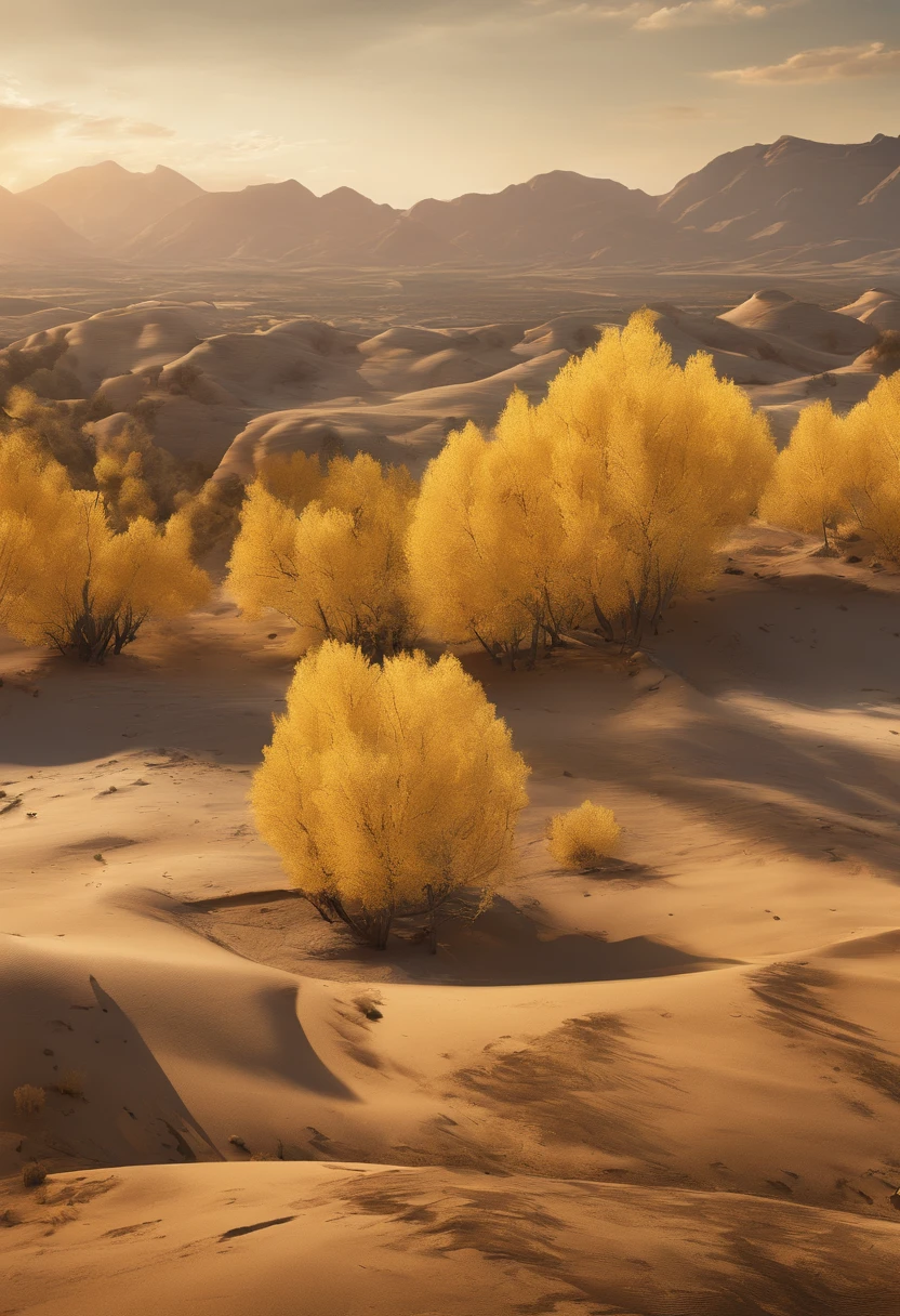 Magazine illustration,((In the desert)),Patches of yellow-yellow poplar forests,A few tall ones(((Golden poplar tree:1.3))),Poplar tree,Fallen leaves on the ground,k hd,Sony SLR lens,Master masterpieces,Cinematic lighting lighting,Extreme detail is warming up