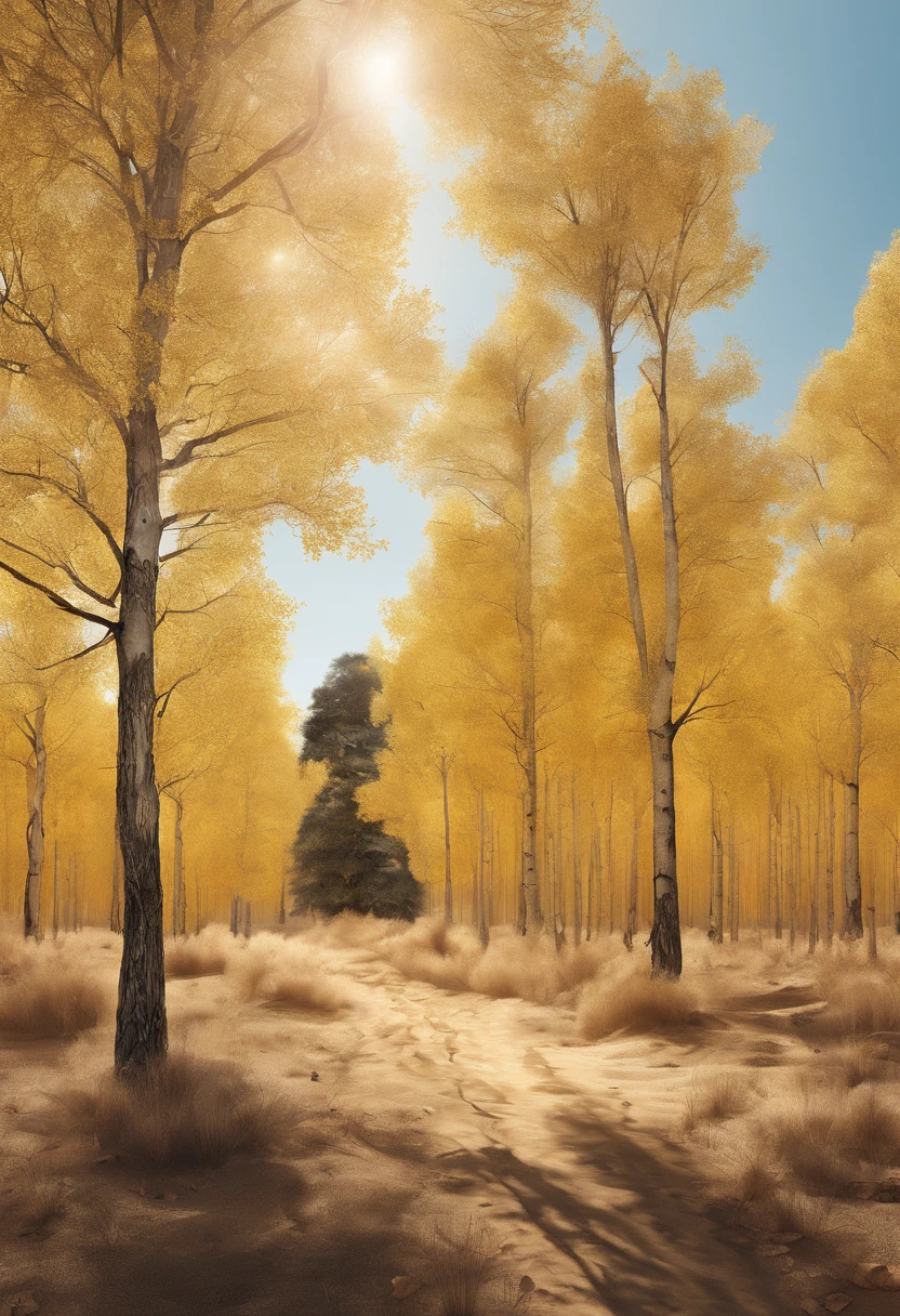 Magazine illustration,((In the desert)),Patches of yellow-yellow poplar forests,A few tall ones(((Golden poplar tree:1.3))),Poplar tree,Fallen leaves on the ground,k hd,Sony SLR lens,Master masterpieces,Cinematic lighting lighting,Extreme detail is warming up