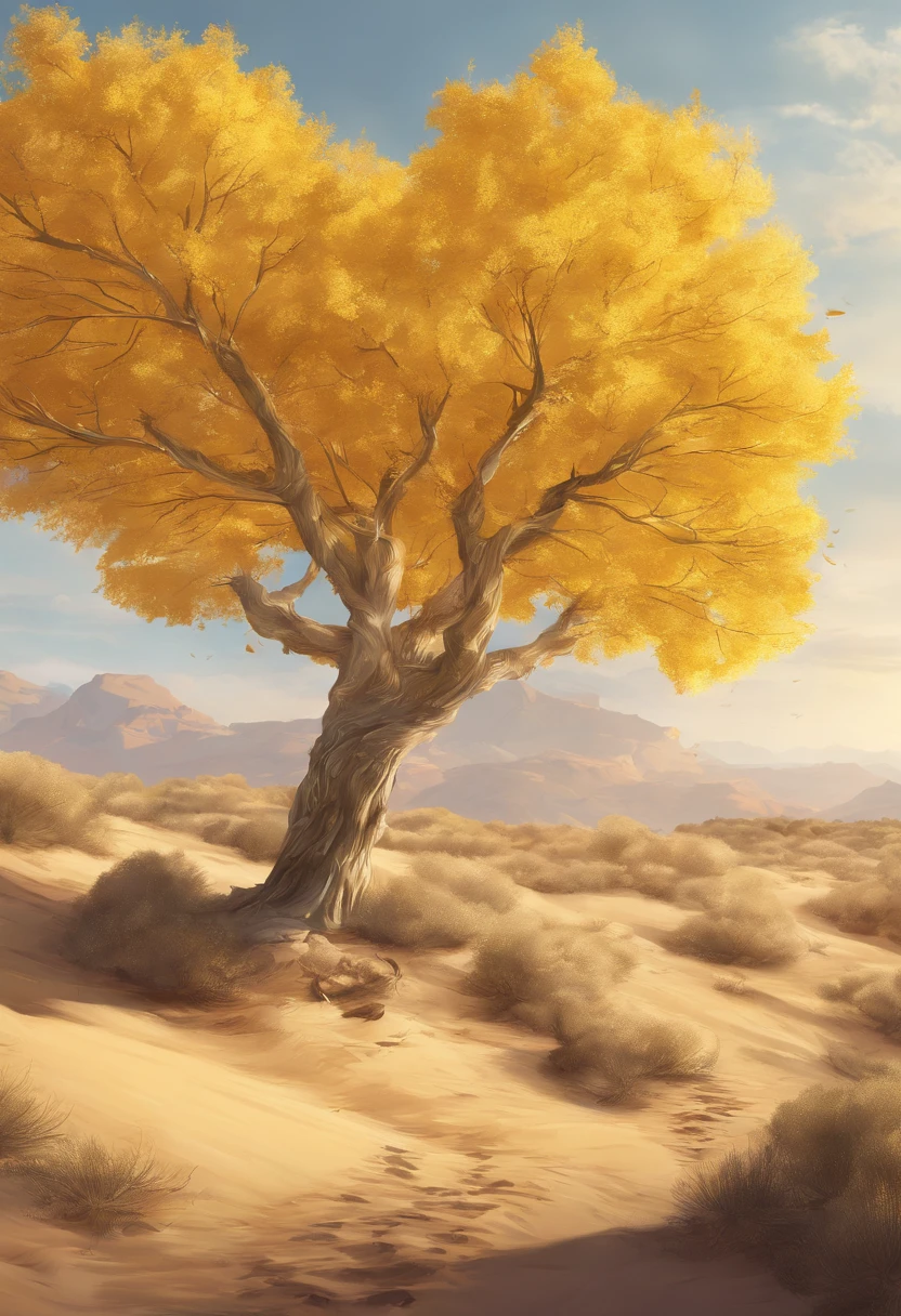 Magazine illustration,((In the desert)),Patches of yellow-yellow poplar forests,A few tall ones(((Golden poplar tree:1.3))),Poplar tree,Fallen leaves on the ground,k hd,Sony SLR lens,Master masterpieces,Cinematic lighting lighting,Extreme detail is warming up
