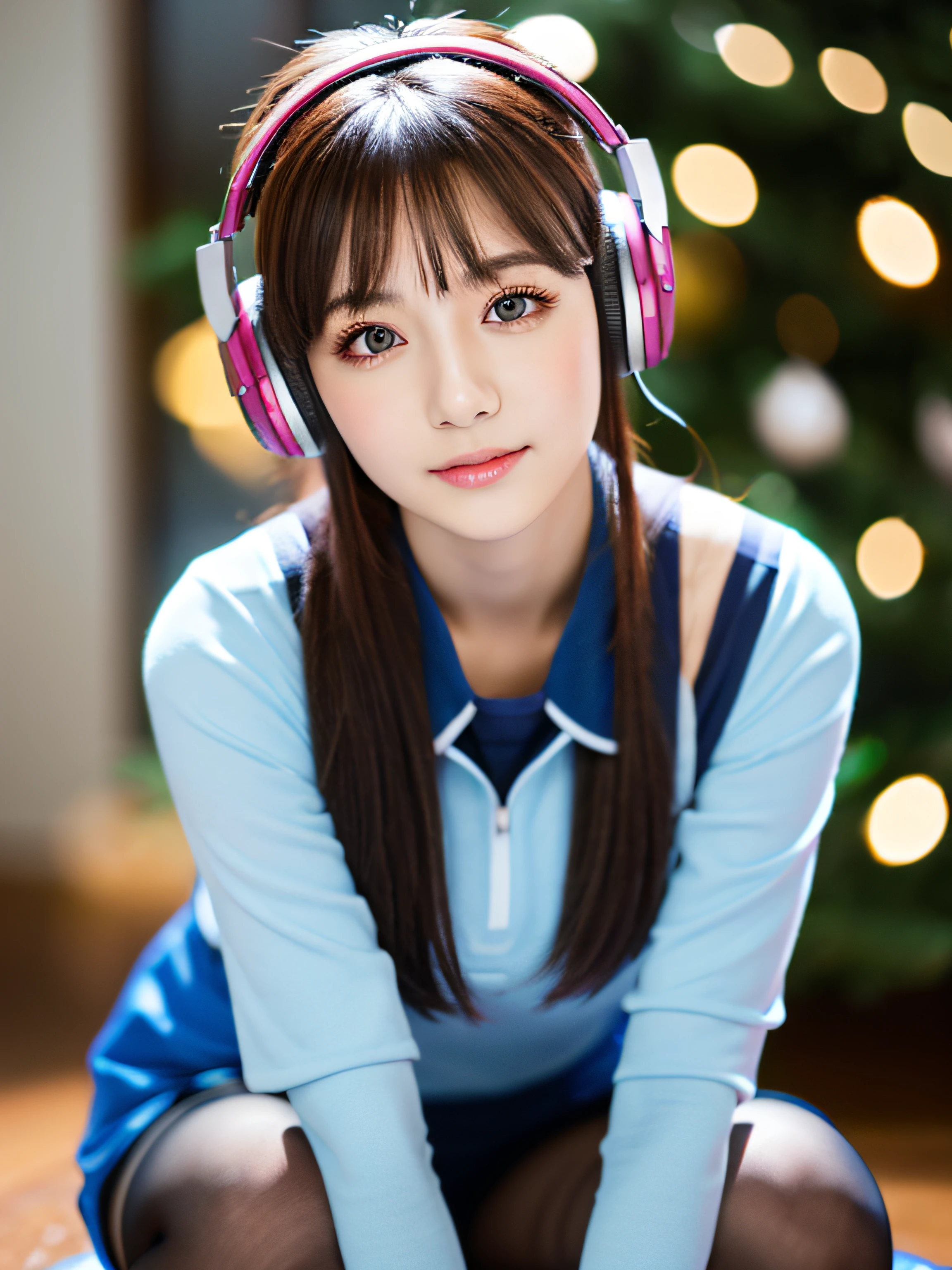 masutepiece, Best Quality, High resolution, 1girl in, 超A high resolution, Solo, Mecha Pilot, D.va, headphones, Pink eyes, Blue tights, Brown hair, White Gloves, Cat makes ad ornament,