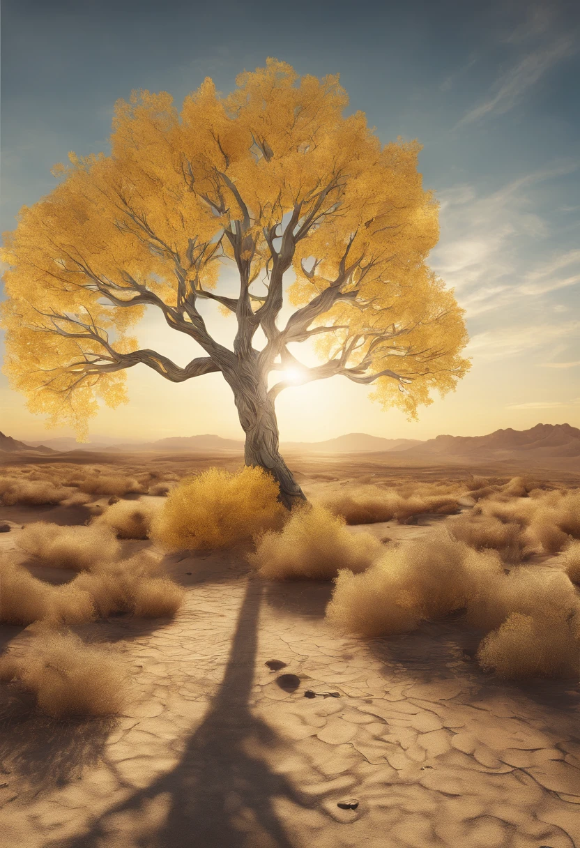 Magazine illustration，((In the desert))，Patches of yellow-yellow poplar forests，A couple of small puddles，A few tall ones(((Golden poplar tree：1.3)))，Poplar tree，Fallen leaves on the ground，k hd，Sony SLR lens，Master masterpieces，Cinematic lighting lighting，Extreme detail is warming up