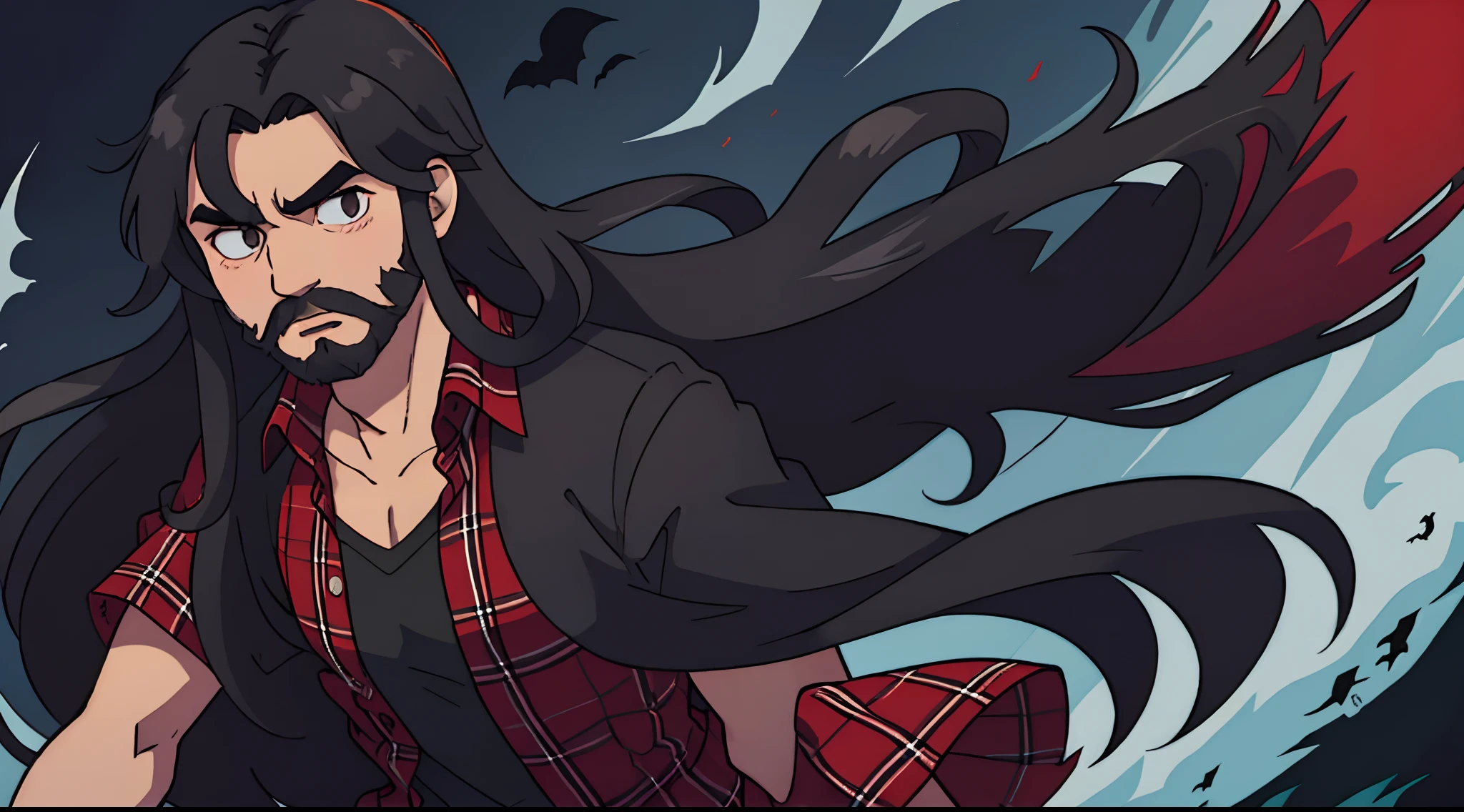 solo Man with long black flowing hair and a short black beard. wearing a red plaid shirt. horror, haunted, halloween, dark, demon