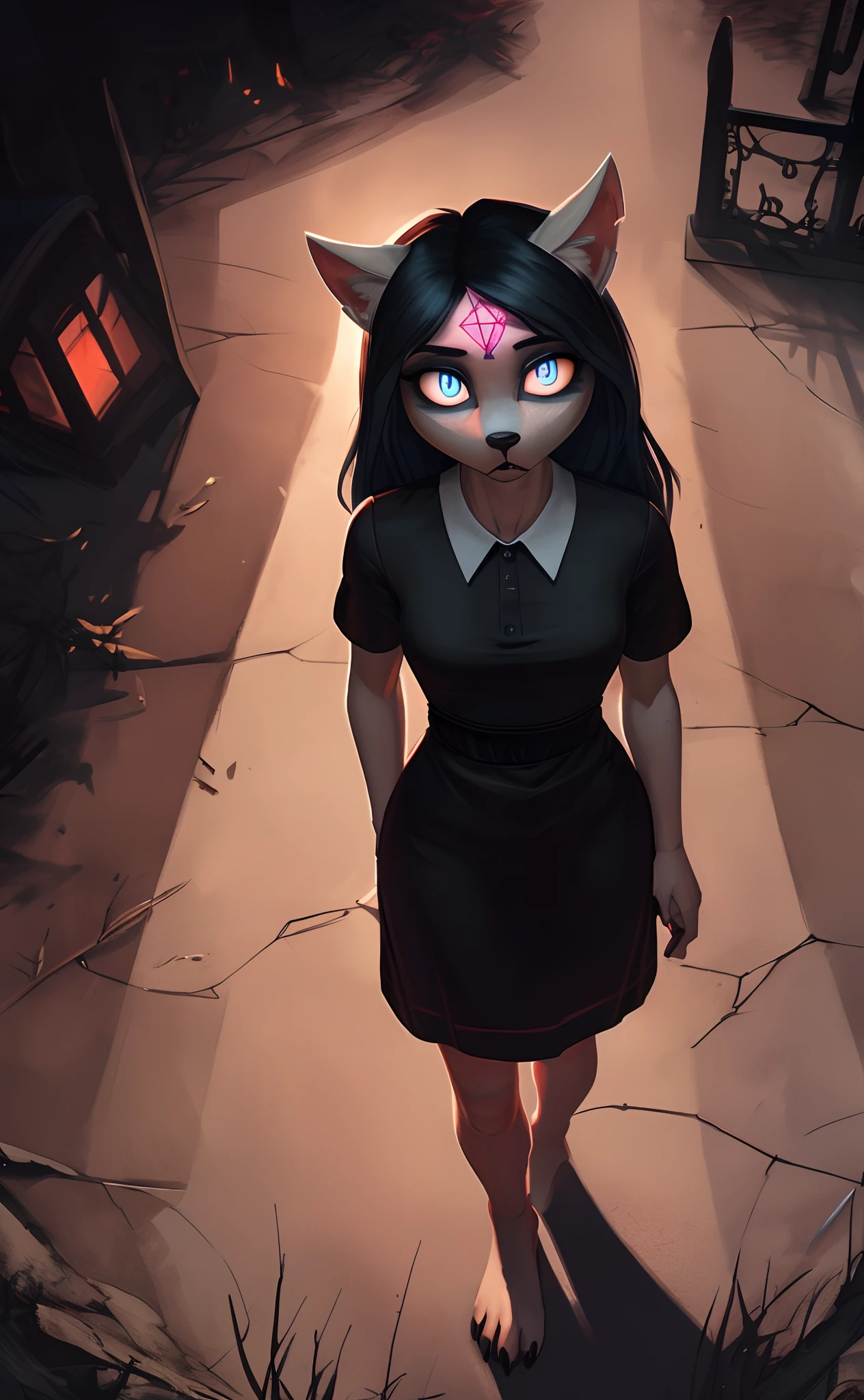 [Claire (the summoning)], [Uploaded to e621.net; (Pixelsketcher), (wamudraws)], ((masterpiece)), ((solo portrait)), ((front view)), ((full body)), ((furry; anthro)), ((detailed fur)), ((cel shading)), ((detailed shading)), ((beautiful render art)), {anthro, white fur, black nose, long blue hair, glowing blue slit eyes, (expressionless), (hair flowing in wind), (dress flowing in wind)}, {(short short-sleeve white-collared black dress), (goth boots)}, {(standing), (hands at sides), (looking at viewer)}, [background; (park), (windy), (nighttime lighting)]