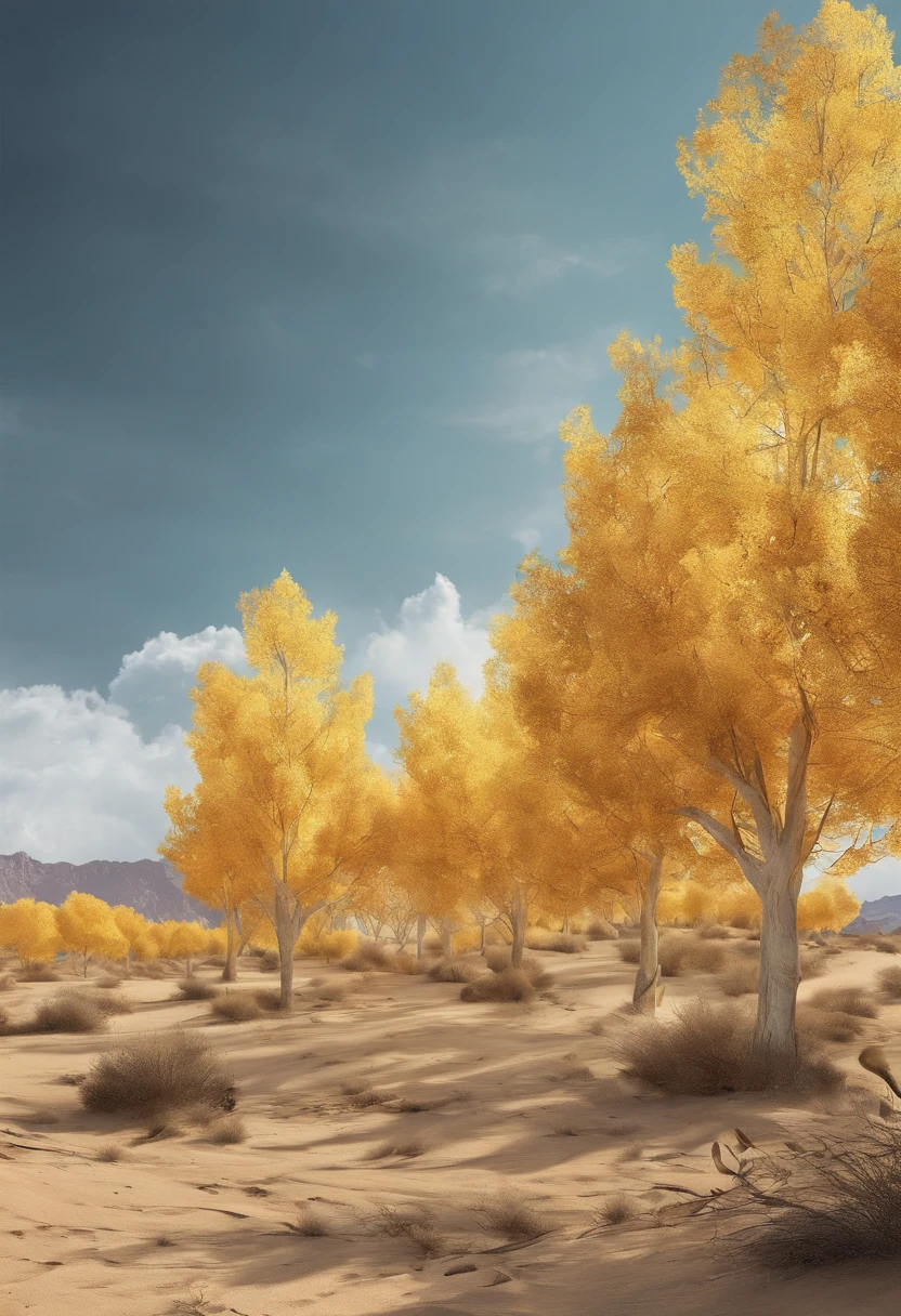 Magazine illustration,((In the desert)),Patches of yellow-yellow poplar forests,A few tall ones(((Golden poplar tree:1.3))),Dried poplar trees,Fallen leaves on the ground,k hd,Sony SLR lens,Master masterpieces,Cinematic lighting lighting,Extreme detail is warming up
