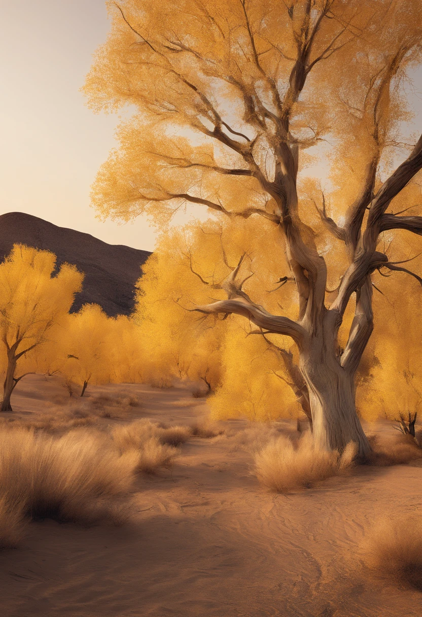 Magazine illustration，((In the desert))，Patches of yellow-yellow poplar forests，A few tall ones(((Golden poplar tree：1.3)))，Dried poplar trees，Fallen leaves on the ground，k hd，Sony SLR lens，Master masterpieces，Cinematic lighting lighting，Extreme detail is warming up