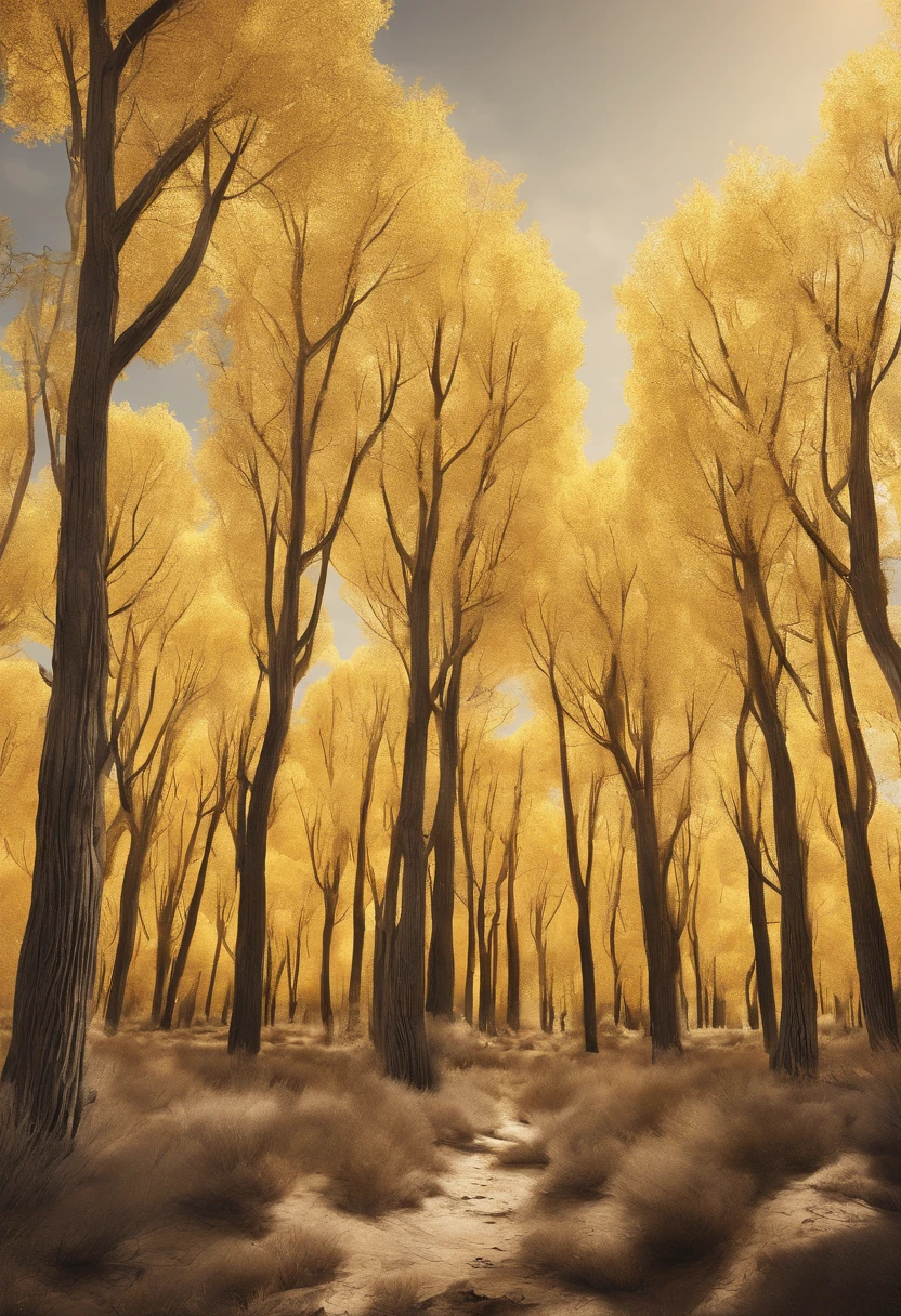 Magazine illustration，((In the desert))，Patches of yellow-yellow poplar forests，A few tall ones(((Golden poplar tree：1.3)))，Dried poplar trees，Fallen leaves on the ground，k hd，Sony SLR lens，Master masterpieces，Cinematic lighting lighting，Extreme detail is warming up