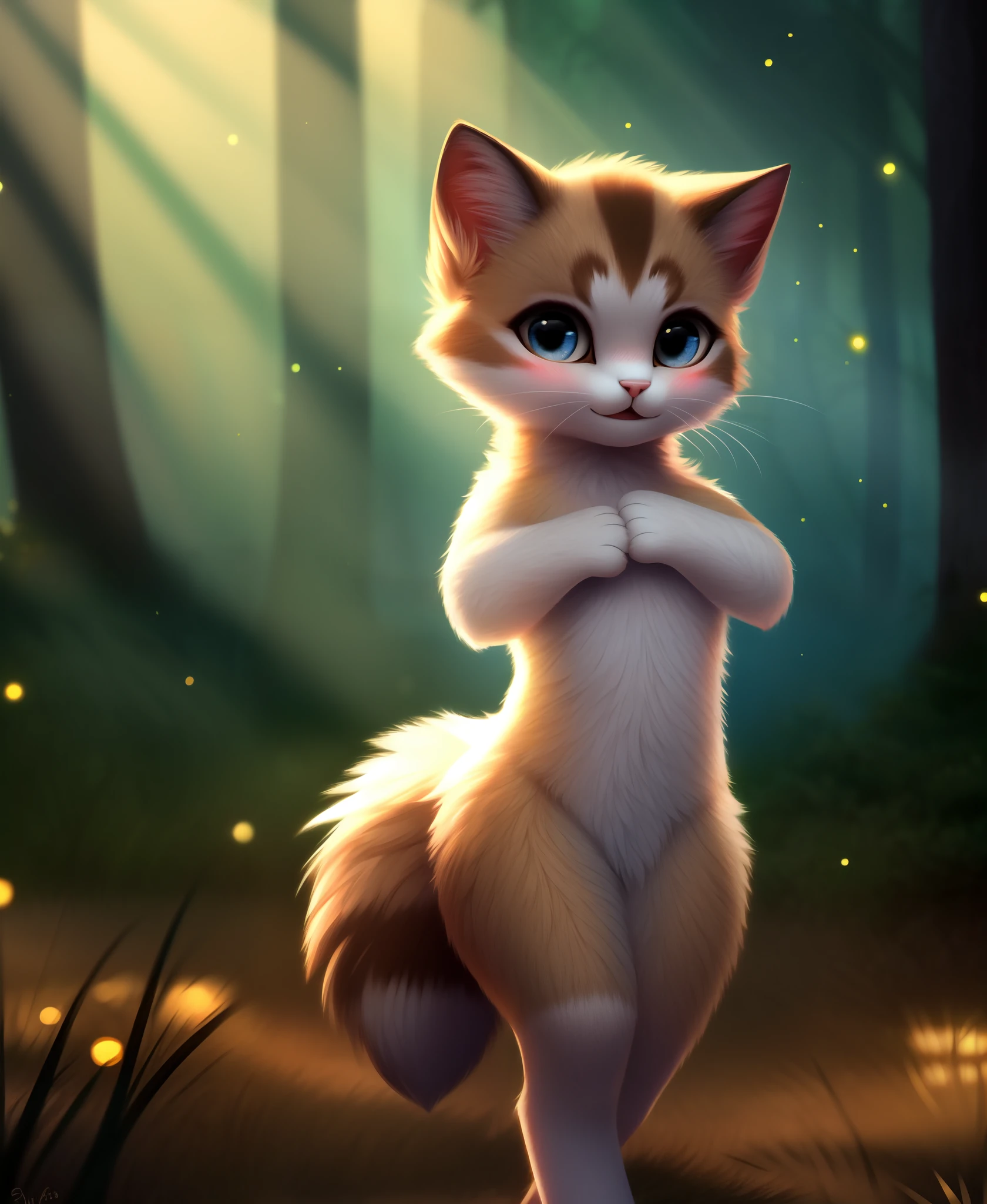 ( furry body) , (realistic fur) , standing, fluffy tail, blush, (:3), species that looks like a cross between girl and a cat, a happy ,dancing, cinematic lighting ,4k, in the forest, cute