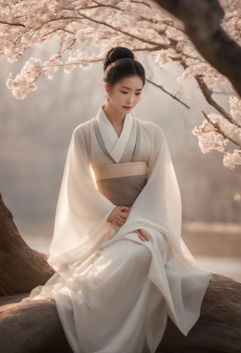 Texture details,Clear face,clear presentation,cabelos preto e longos,Handsome,With a sad face,Pale,Slightly muscular,Thin waist,Costume Hanfu,legs long,full bodyesbian,Sit under a plum tree,Accompanied by red-crowned cranes,Ambient snow scene