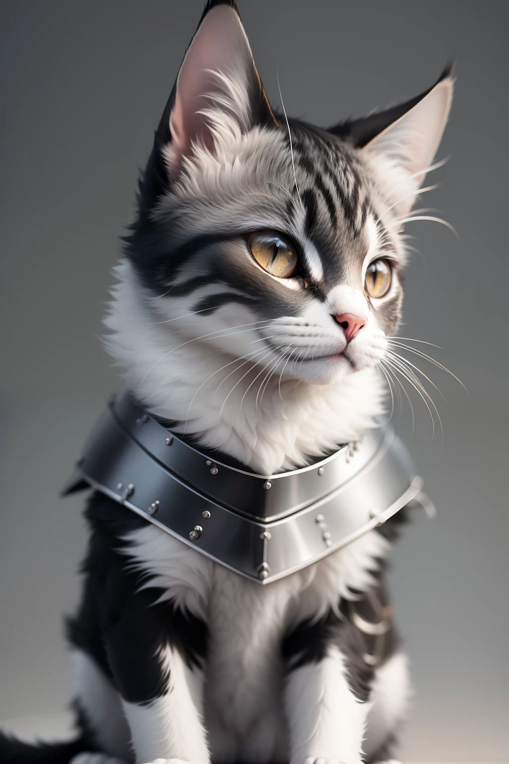 Adorable Black and White Cat Knight Sitting, retrato, armadura finamente detalhada, design intrincado, prata, seda, cinematic lighthing, 4k