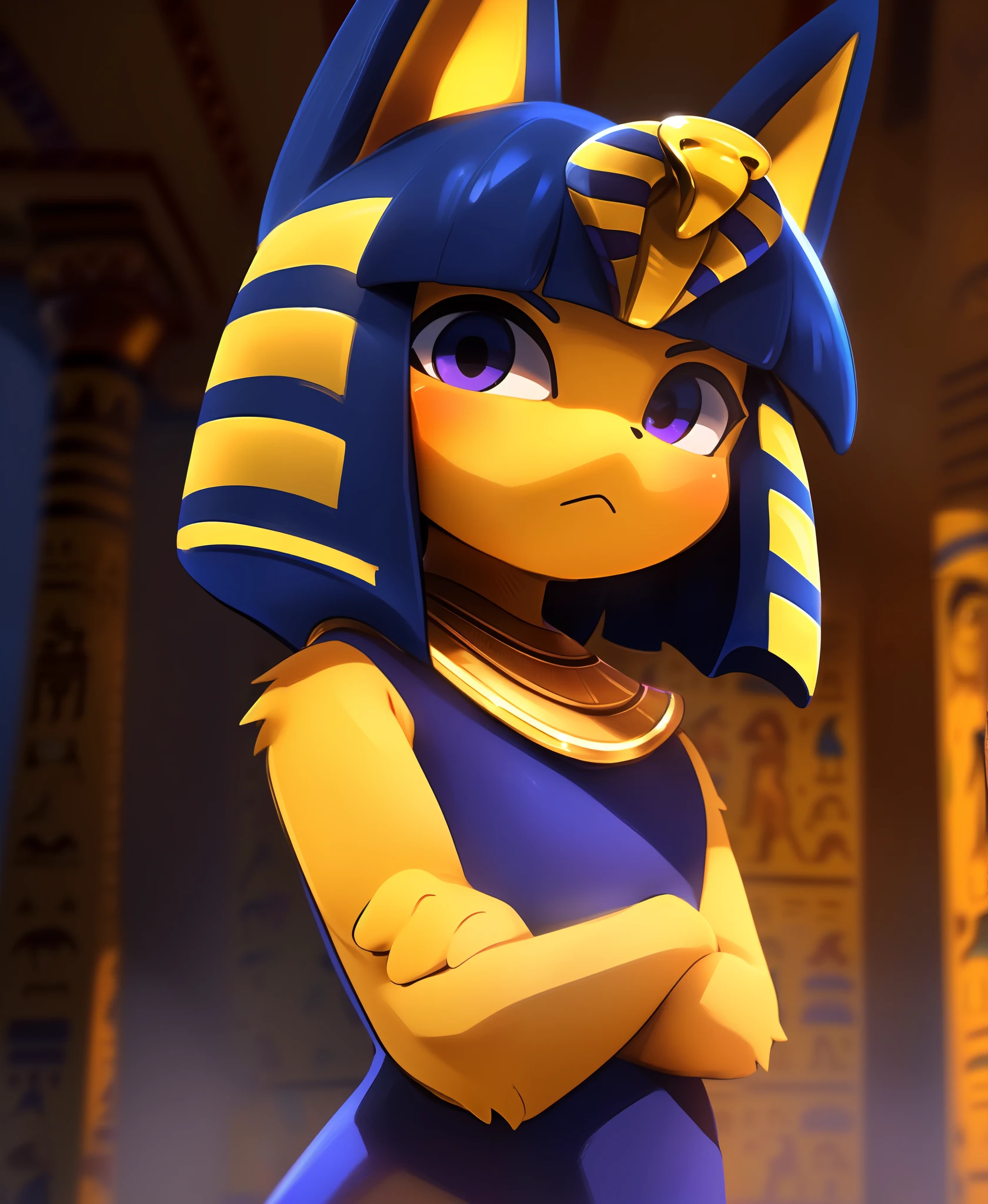 uploaded on e621, ((by Hyilpi, by Supplesee, by Dagasi, Animal Crossing)), solo ((chibi ankha \(animal crossing\))) with ((yellow body)) and (navy blue short hair) and (purple hypnotic eyes), (wear egyptian white dress, egyptian mythology, flat chested,:<, crossed arms:1.2), ((detailed fluffy fur)), (three-quarter portrait, looking at viewer, three-quarter view:1.35), BREAK (egyptian room, yellow wall, egyptian symbol:1.25), (starry, fog, mist) (detailed background, depth of field, half body shadow, sunlight, ambient light on the body), (digital painting \(artwork\), photoshop \(medium\), painttool sai \(medium\):1.3) (masterpiece, best quality, ultra realistic, 4k, 2k, (high detail:1.3), (3d \(artwork\):1.2), blender \(software\), (soft focus:1.1), ray tracing, (unreal engine:1.3), absurd res)