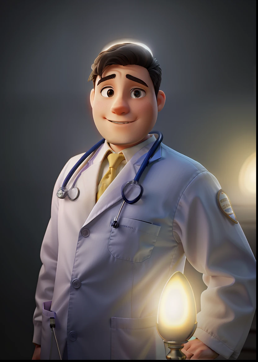 A young doctor standing in front, illuminated by the light of a lamp, contra o pano de fundo de um consultorio