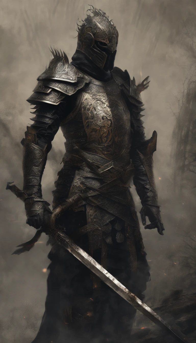 guerrero, Concepto-Arte,  fantasy art, Antecedentes del campo de batalla, Renderizado limpio, un, Usa una armadura, Bushido detallado forma humo, Casco de una deidad olvidada, character is standing, 8K realista, renderizado en el juego, Detalle detallado del fondo de la cara, Portada de Art Station, toro, Pseudo-medieval fantasy, Una deidad con armadura koi, Armadura de bronce detallada, Armadura de bronce, Armadura grabada en oro, Armadura de obsidiana dorada, Armadura de oro claro, Hermosa armadura de filigrana, A demonic warrior, Hermosa armadura llena de espinas, intrincada armadura de Assasin, intrincada armadura de metal, Poderoso guerrero, Vestido con una hermosa armadura dorada，Decorado con patrones intrincados, El casco tiene una gran corona y dos cuernos,Ojos rojos brillantes， Everything is in the dark, El fondo ahumado alude a escenas de batalla, Add a sinister aura to your character，submission, Toma de cuerpo completo.