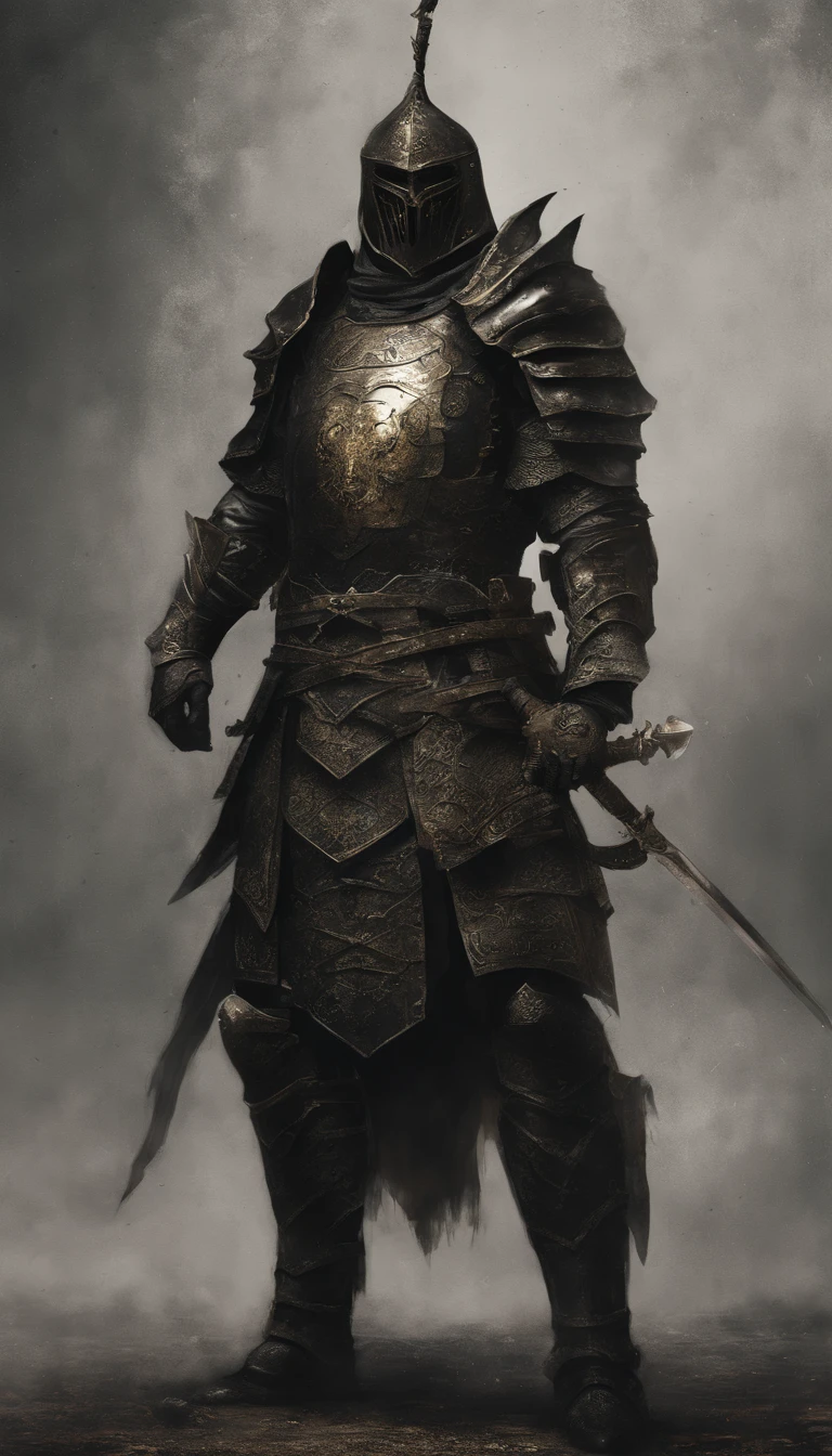 guerrero, Concepto-Arte,  fantasy art, Antecedentes del campo de batalla, Renderizado limpio, un, Usa una armadura, Bushido detallado forma humo, Casco de una deidad olvidada, character is standing, 8K realista, renderizado en el juego, Detalle detallado del fondo de la cara, Portada de Art Station, toro, Pseudo-medieval fantasy, Una deidad con armadura koi, Armadura de bronce detallada, Armadura de bronce, Armadura grabada en oro, Armadura de obsidiana dorada, Armadura de oro claro, Hermosa armadura de filigrana, A demonic warrior, Hermosa armadura llena de espinas, intrincada armadura de Assasin, intrincada armadura de metal, Poderoso guerrero, Vestido con una hermosa armadura dorada，Decorado con patrones intrincados, El casco tiene una gran corona y dos cuernos,Ojos rojos brillantes， Everything is in the dark, El fondo ahumado alude a escenas de batalla, Add a sinister aura to your character，submission, Toma de cuerpo completo.