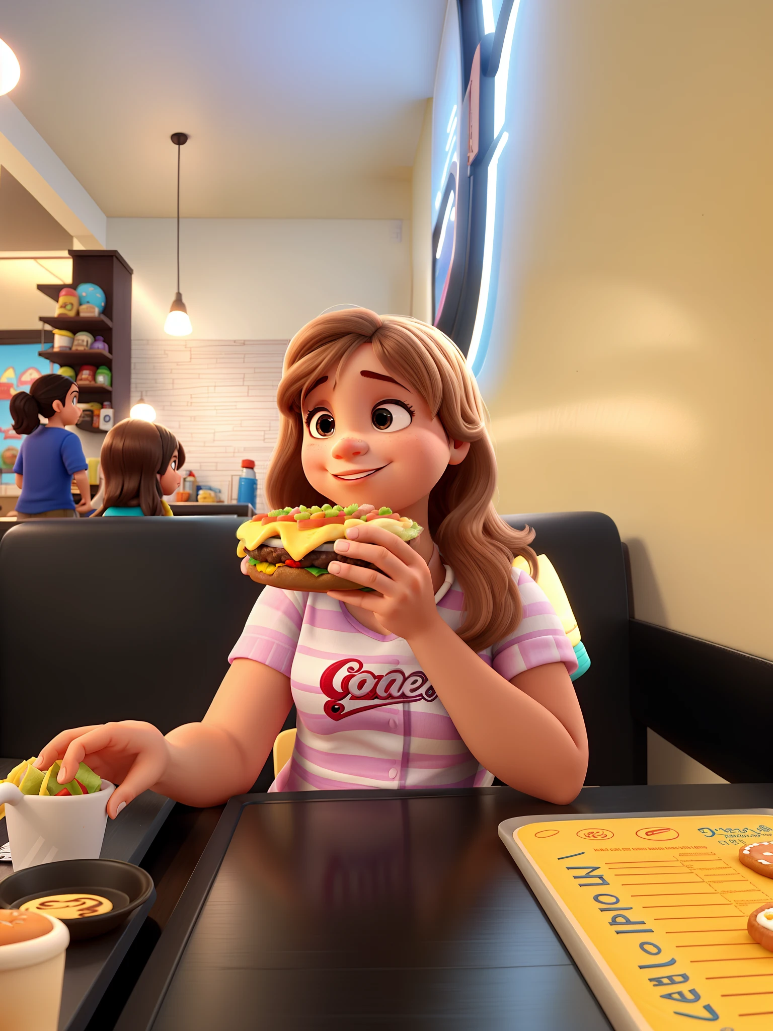 Uma menina, loira, estilo Disney pixar, Eating a hamburger, contra fundo lanchonete