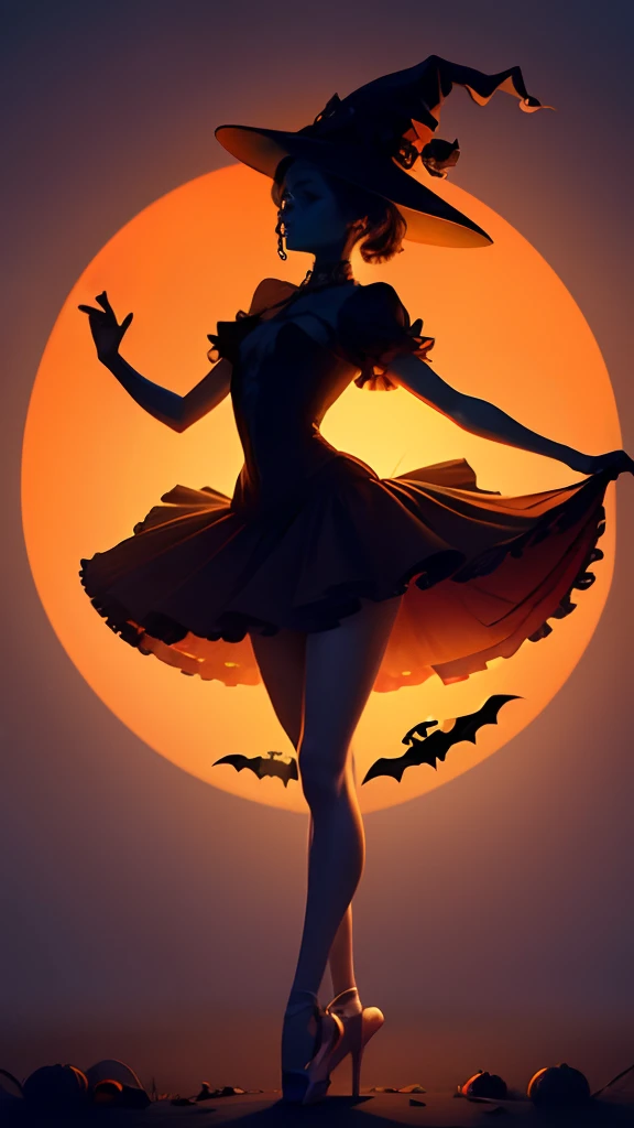 High quality design vector style image, T-shirt print style,halloween theme,3D ballerina,Put on a Halloween costume,ballet slippers,Vivid colors,Straight beautiful legs,Calm and delicate posture,Mesmerizing pointe technique,Delicate and precise footwork,Exquisite balance and control.Witch hat,Spooky makeup,background inside dark,Boers and bats,hauntingly beautiful,nighttime scene,Fallen leaves,pumpkin lantern,Terrible truth,Enchanting moonshine,Haunted mansion silhouette.((Best quality,Masterpiece:1.2,photo-realistic:1.37,Halloween:1.2))