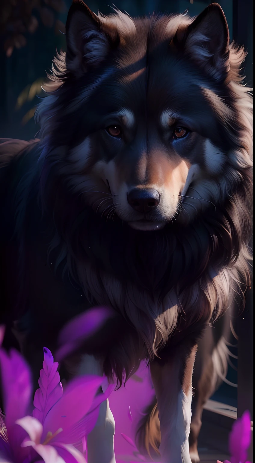 There's a painting of a dog that's standing on the grass, dramatic cinematic detailed fur, sombra hiperrealista, 8k arte detalhada de alta qualidade, detailed cinematic render, estilo hiper realista, detalhado com sombras, baixo detalhamento. pintura digital, sombreado realista, imagem ultra realista, pintura detalhada 4K, WLOP : : 6 octane render : : 3, realistic shading and lighting