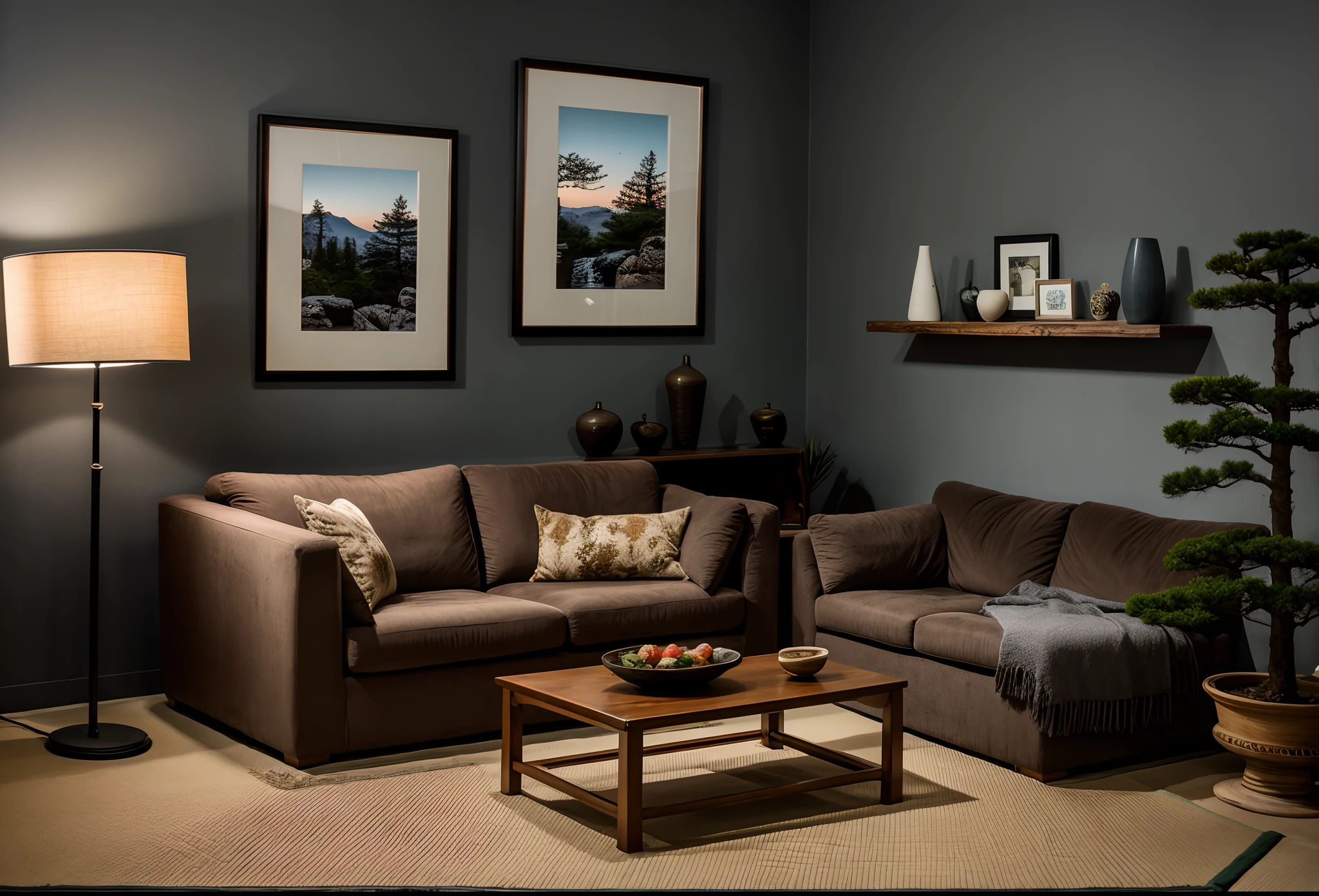 twilight, twilight sky, artificial light, interior of livingroom, sofa, armchair, coffee table, drapes, window, door, standing lamp, chandelier, decoration, rug, banister and stair, frame, sound system and speaker, television, vase, wall unit, (japanese tradition style), nice zen garden, (quiet:1.2),ahart pine trees, RAW photo, 8k uhd, dslr, soft lighting, high quality, film grain, Fujifilm XT3